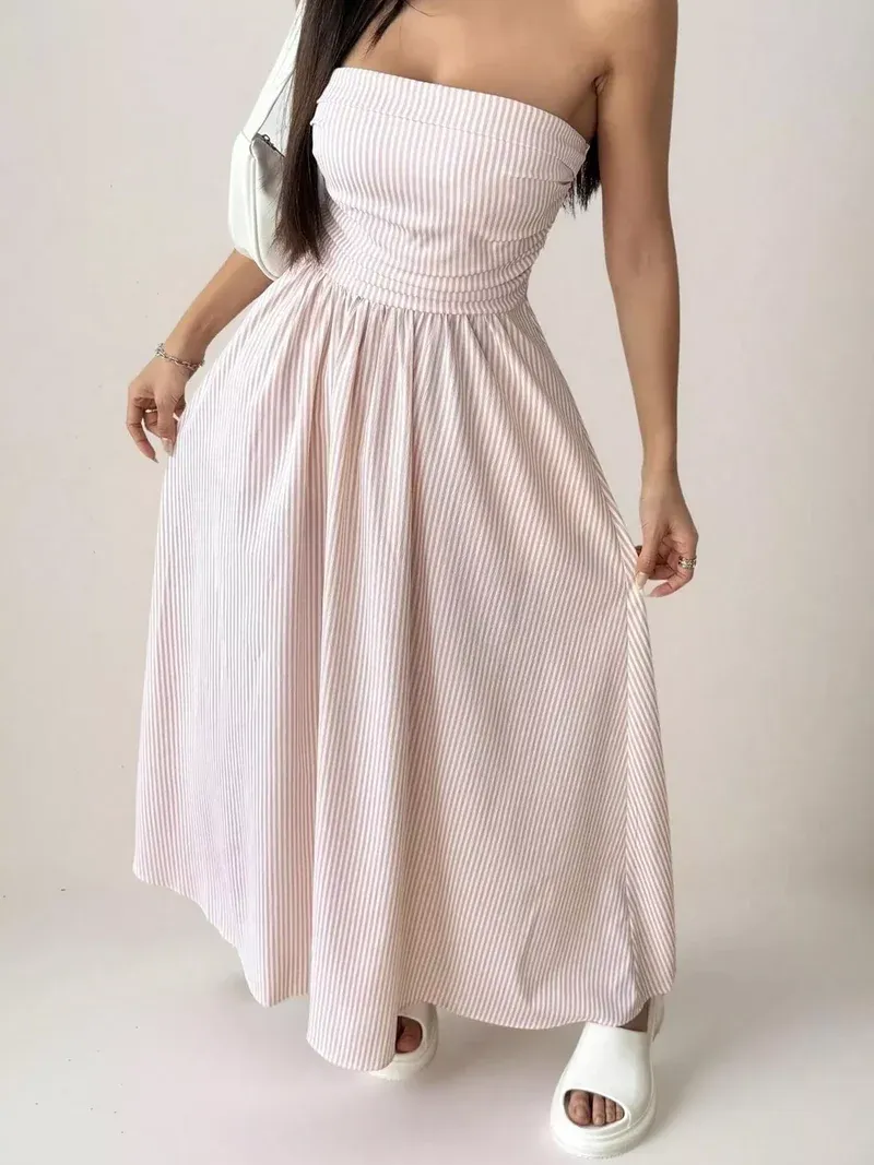 2026 Women's Striped Strapless Maxi Dress Summer Casual Tube Top Long Dresses with Pocket