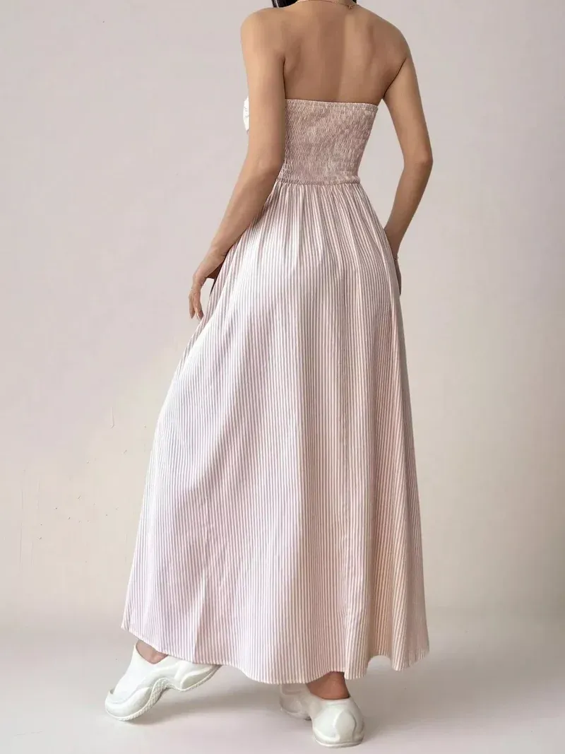 2026 Women's Striped Strapless Maxi Dress Summer Casual Tube Top Long Dresses with Pocket