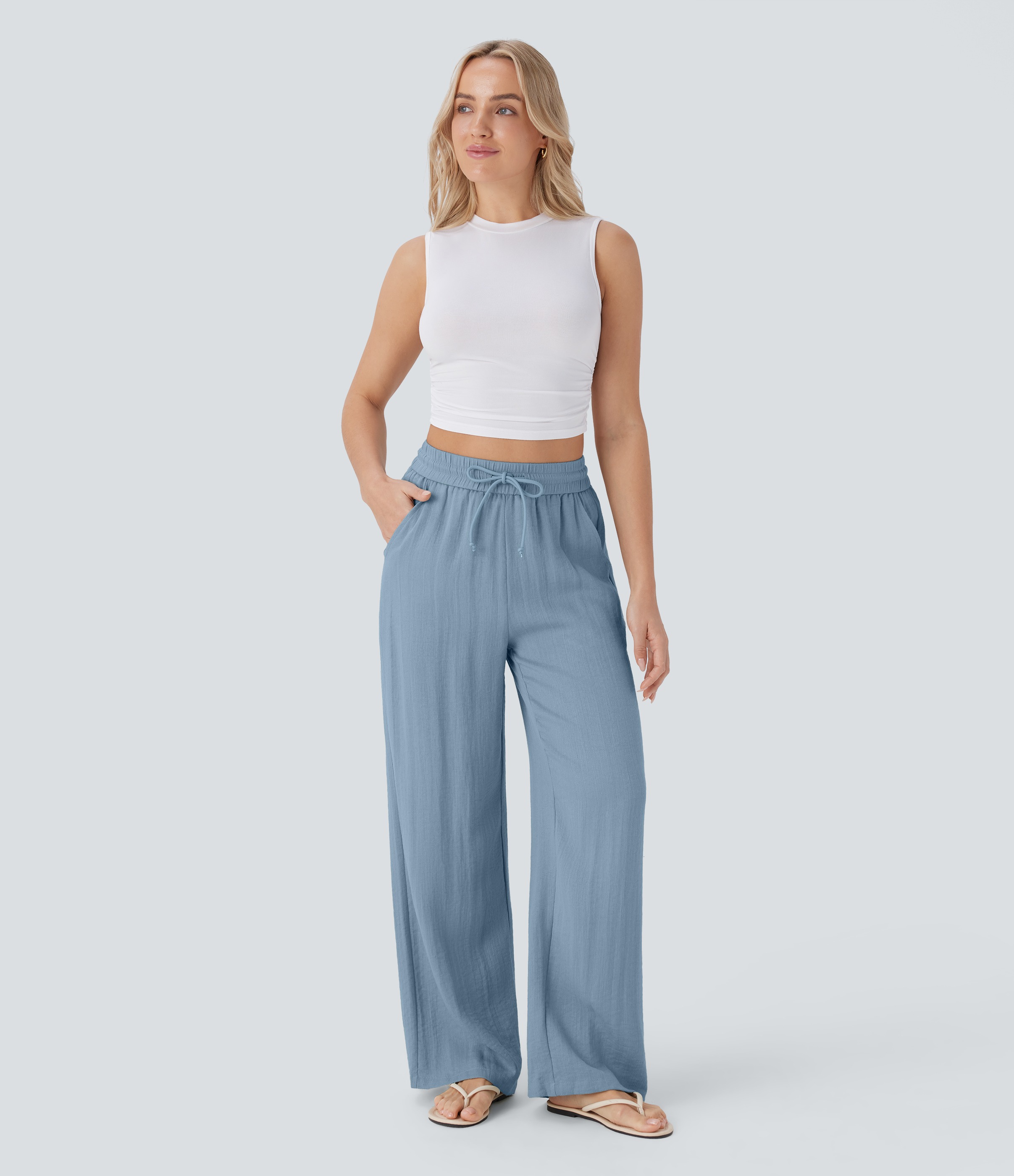 2026🔥 Hala High Waisted Drawstring Pocket Wide Leg Casual Linen-Feel Pants