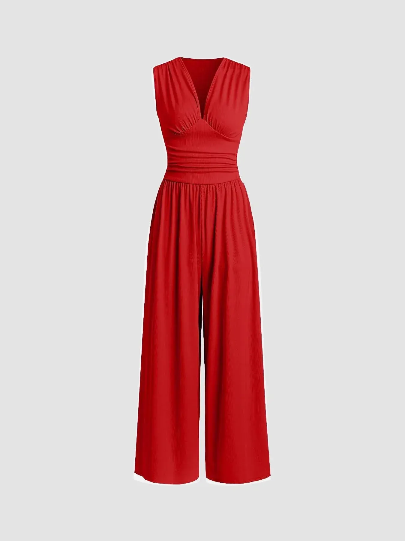 2026 Women's new jumpsuit with pockets Plain Ruched V Neck Ribbed Tank Jumpsuit, Summer Outfits 2025, Elegant Sleeveless Wide Leg Jumpsuit for Women for Vacation Holiday Party, Ladies Summer Clothes