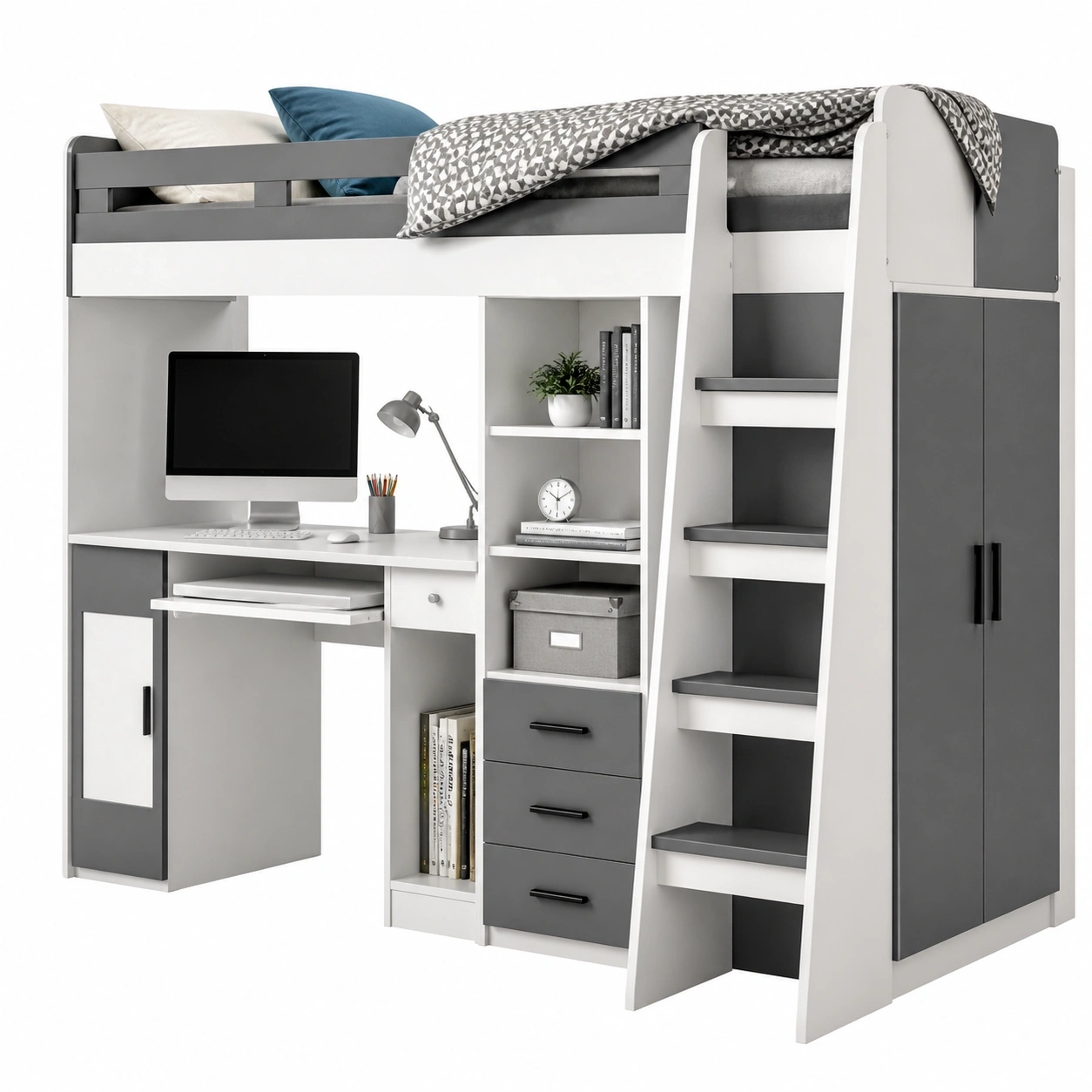 Hochbett 90x200 cm mit Schreibtisch Kleiderschrank und Stauraum Modernes Jugendbett Weiss Grau mit Leiter-Meubexaio