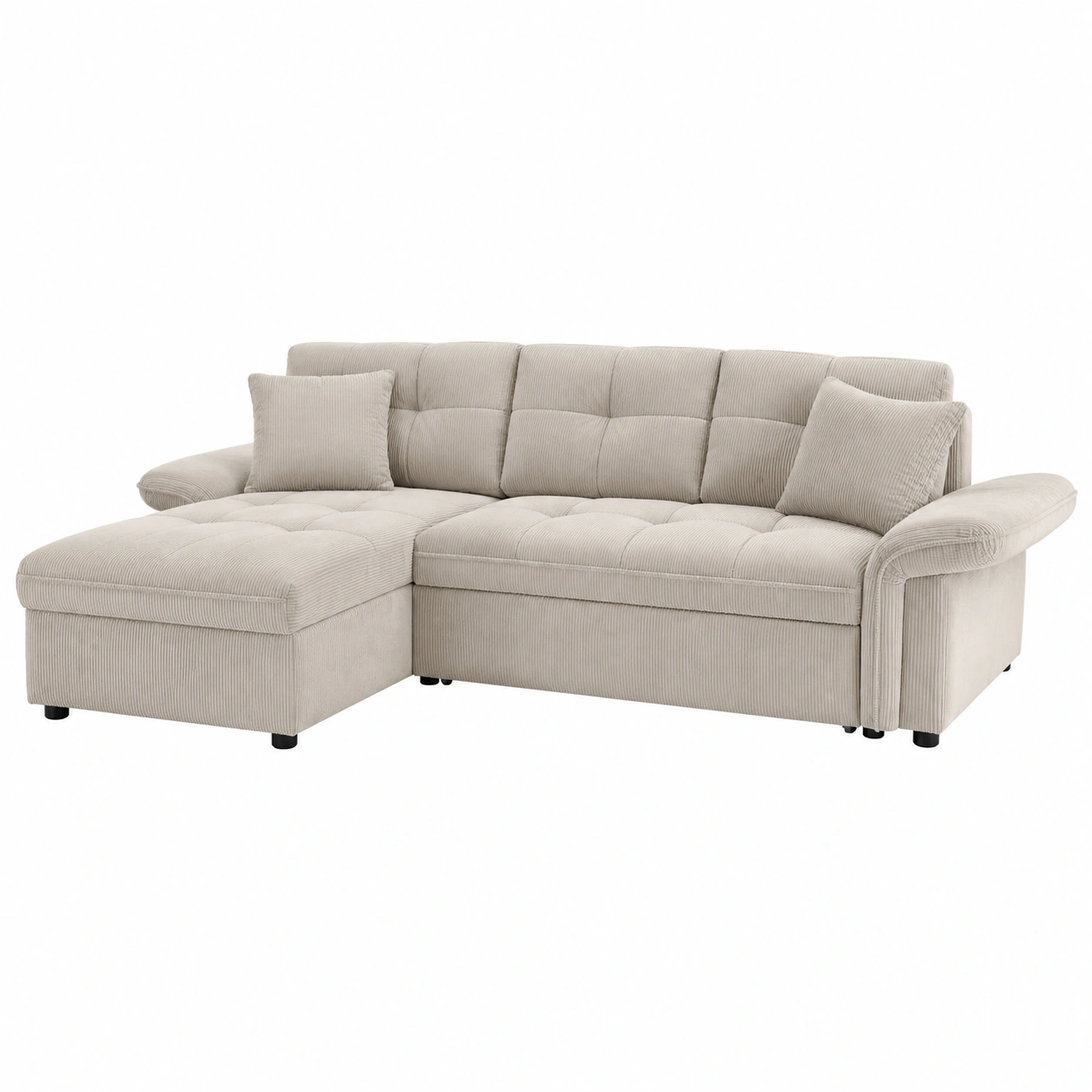 Schlafsofa L Form Cord Stoff Beige mit Ottomane und Rueckenkissen B/H/T ca 191x84x105 cm-Meubexaio