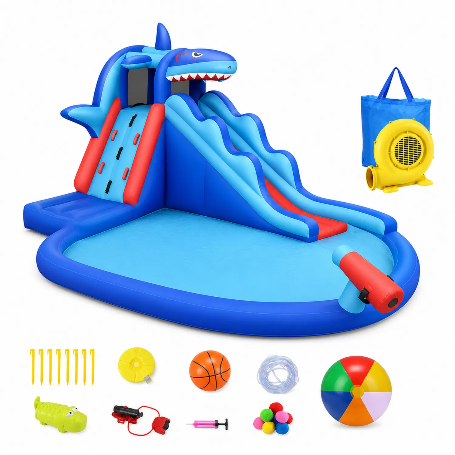 Structure gonflable toboggan aquatique requin en PVC avec accessoires