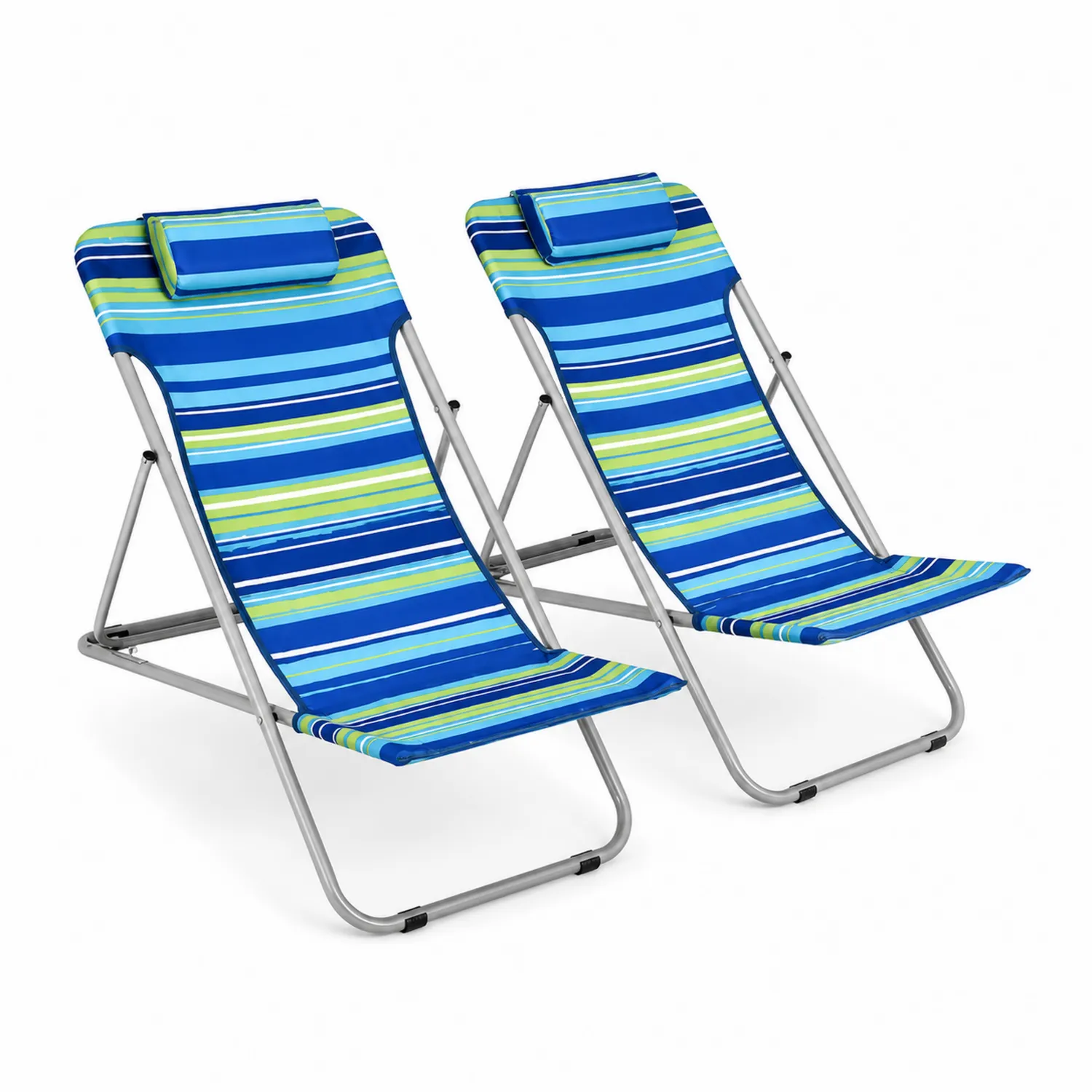 Chaises longues pliables en acier avec tissu rayé Bleu/Vert, Ensemble de 2