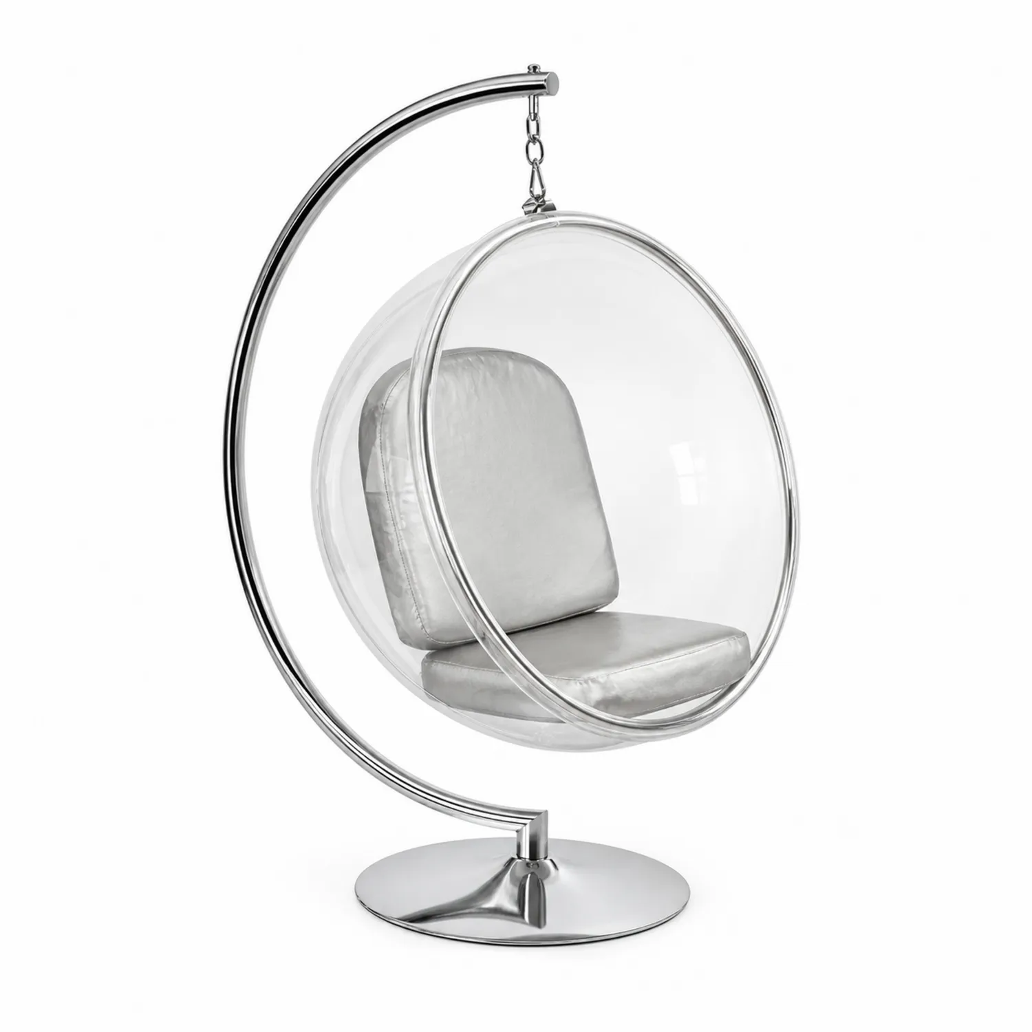 Chaise suspendue en acrylique avec coussins gris et structure en acier inoxydable