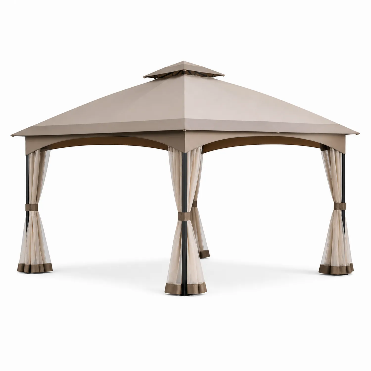 Tonnelle en métal avec toit et rideaux en polyester beige