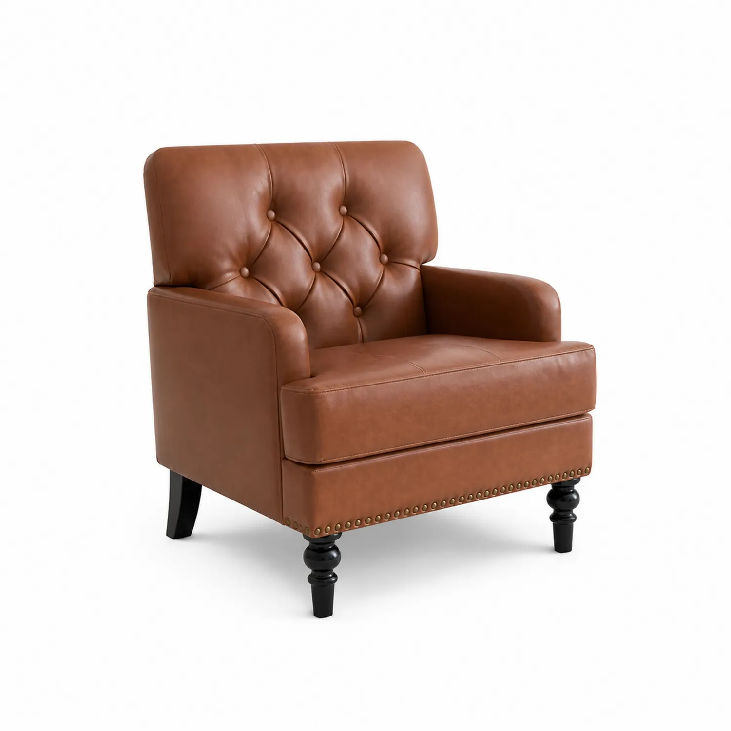 Fauteuil en cuir brun avec pieds en bois noir