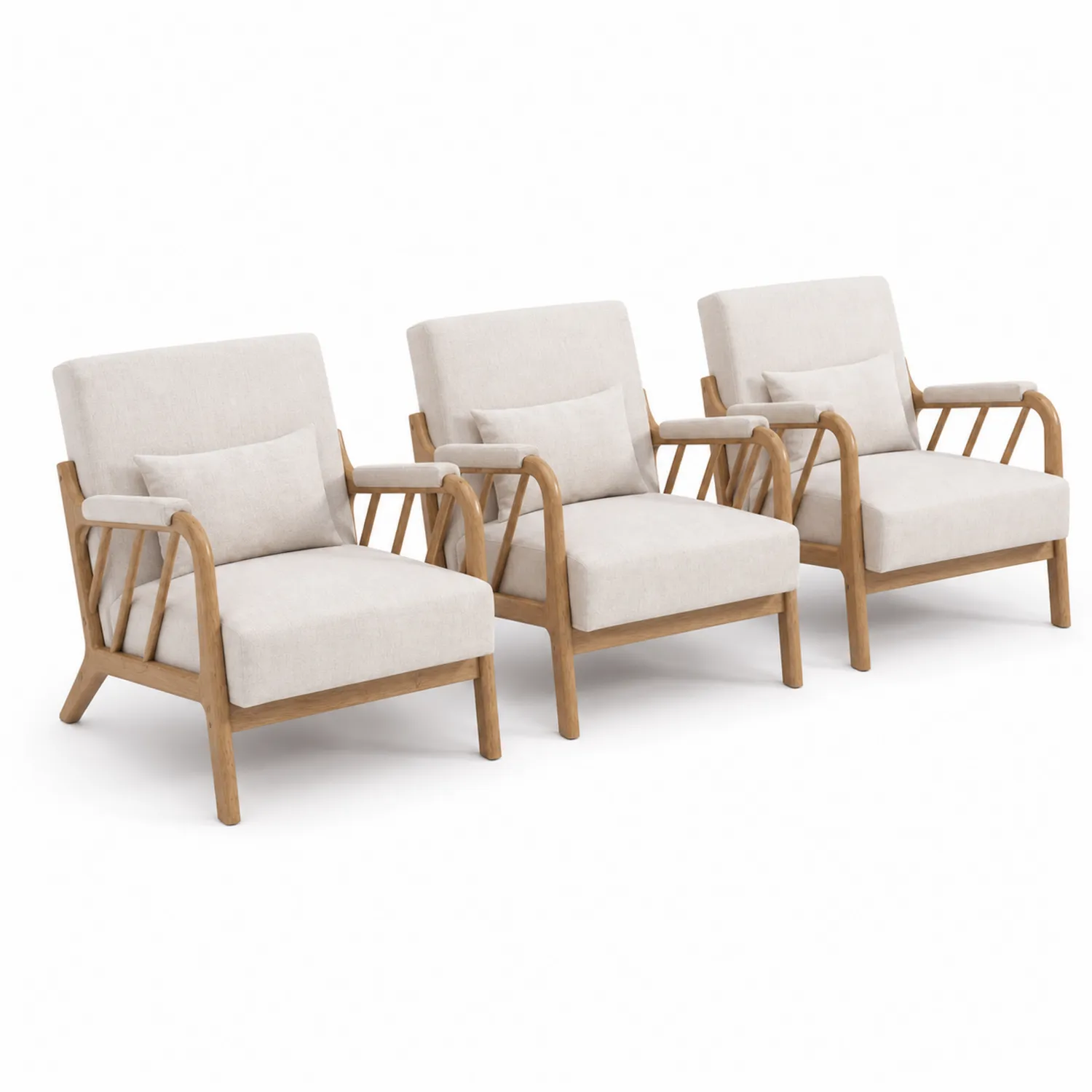 Ensemble de 3 fauteuils en bois et tissu beige