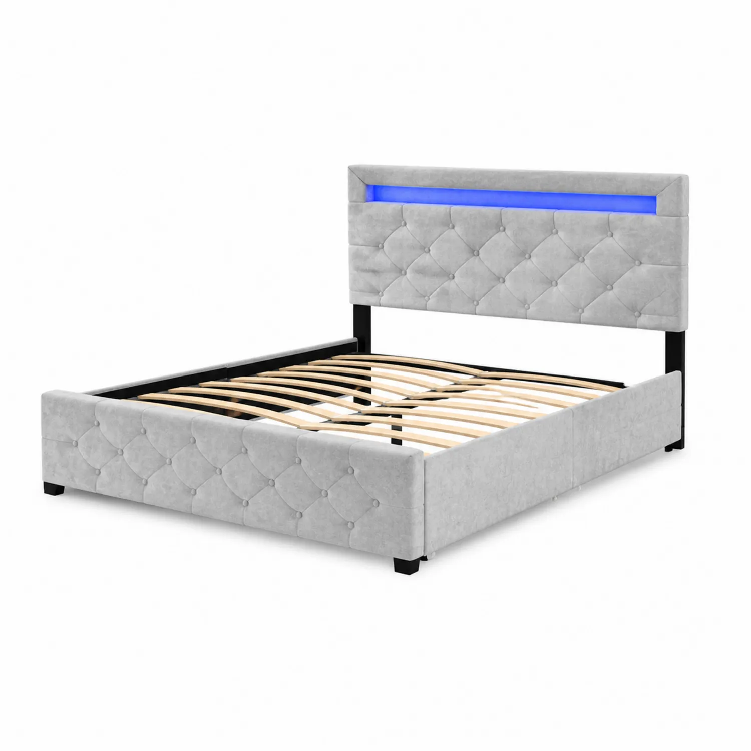 Lit double en métal et velours avec LED Gris 200x160 cm