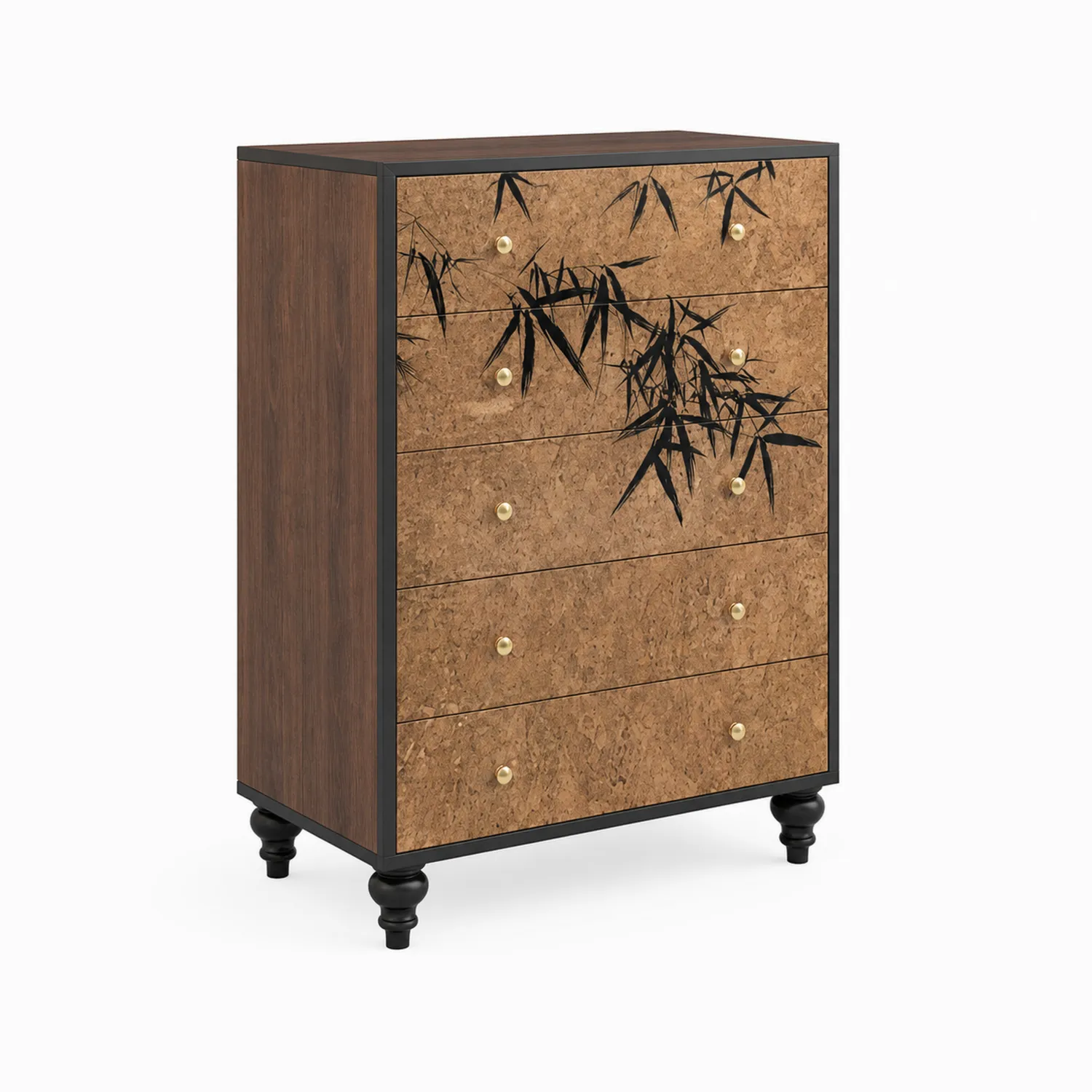 Commode en bois à cinq tiroirs avec façade en liège motif bambou