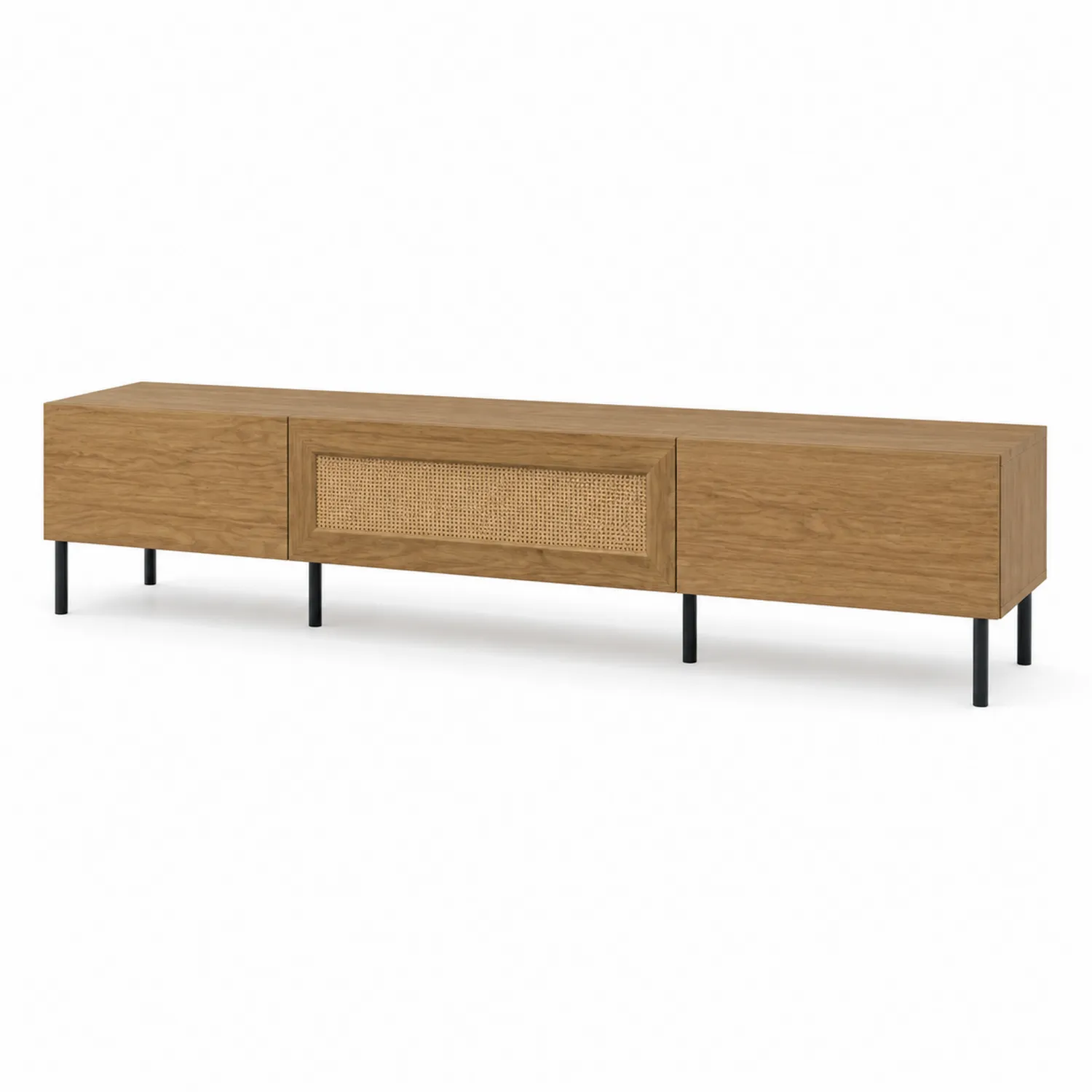 Meuble TV en bois avec porte en rotin et pieds en métal, 180 cm, Chêne