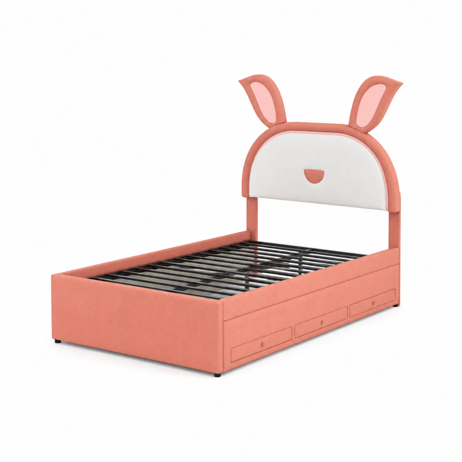 Lit enfant en tissu polyester avec oreilles de lapin 90x200 cm avec tiroirs Rose et Blanc