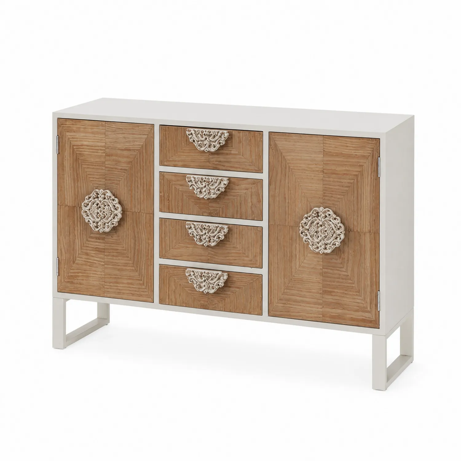 Buffet en Bois de Frêne 2 Portes 4 Tiroirs Blanc et Brun