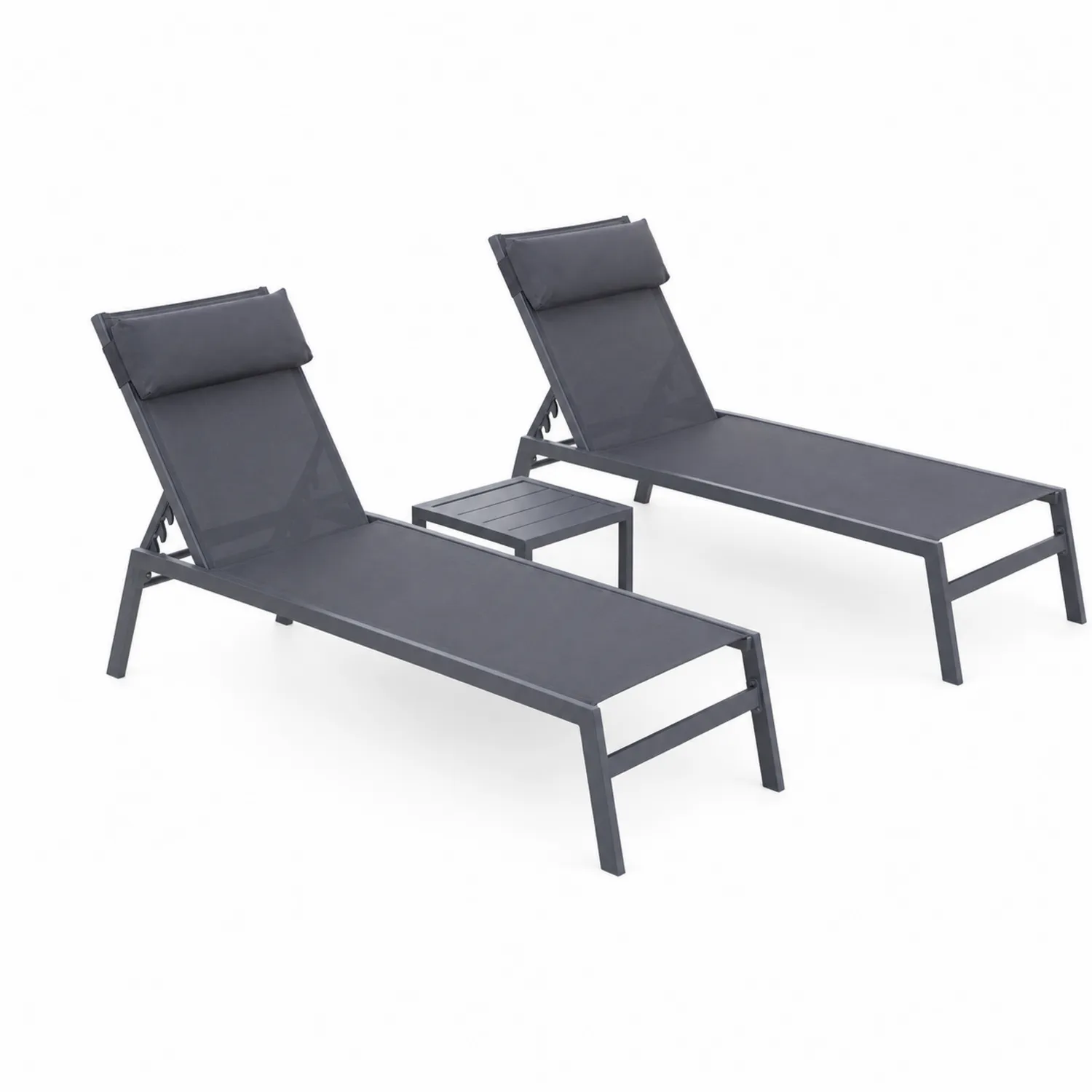 Ensemble de deux chaises longues et table en aluminium et textilène gris foncé