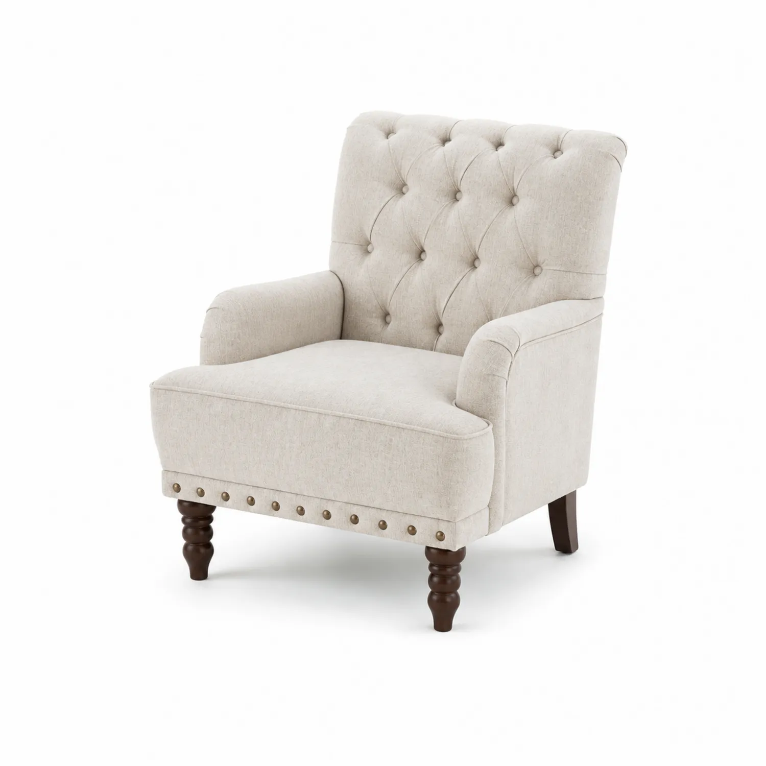 Fauteuil en lin beige avec pieds en bois massif