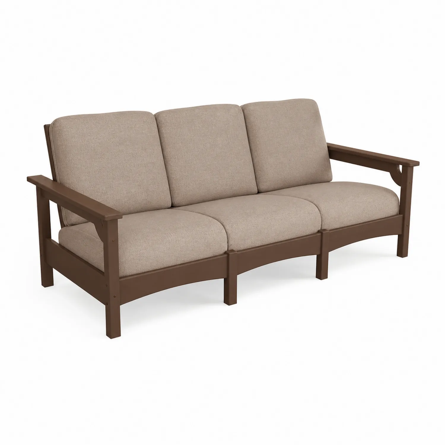 Canapé d'extérieur en bois brun avec coussins en tissu beige