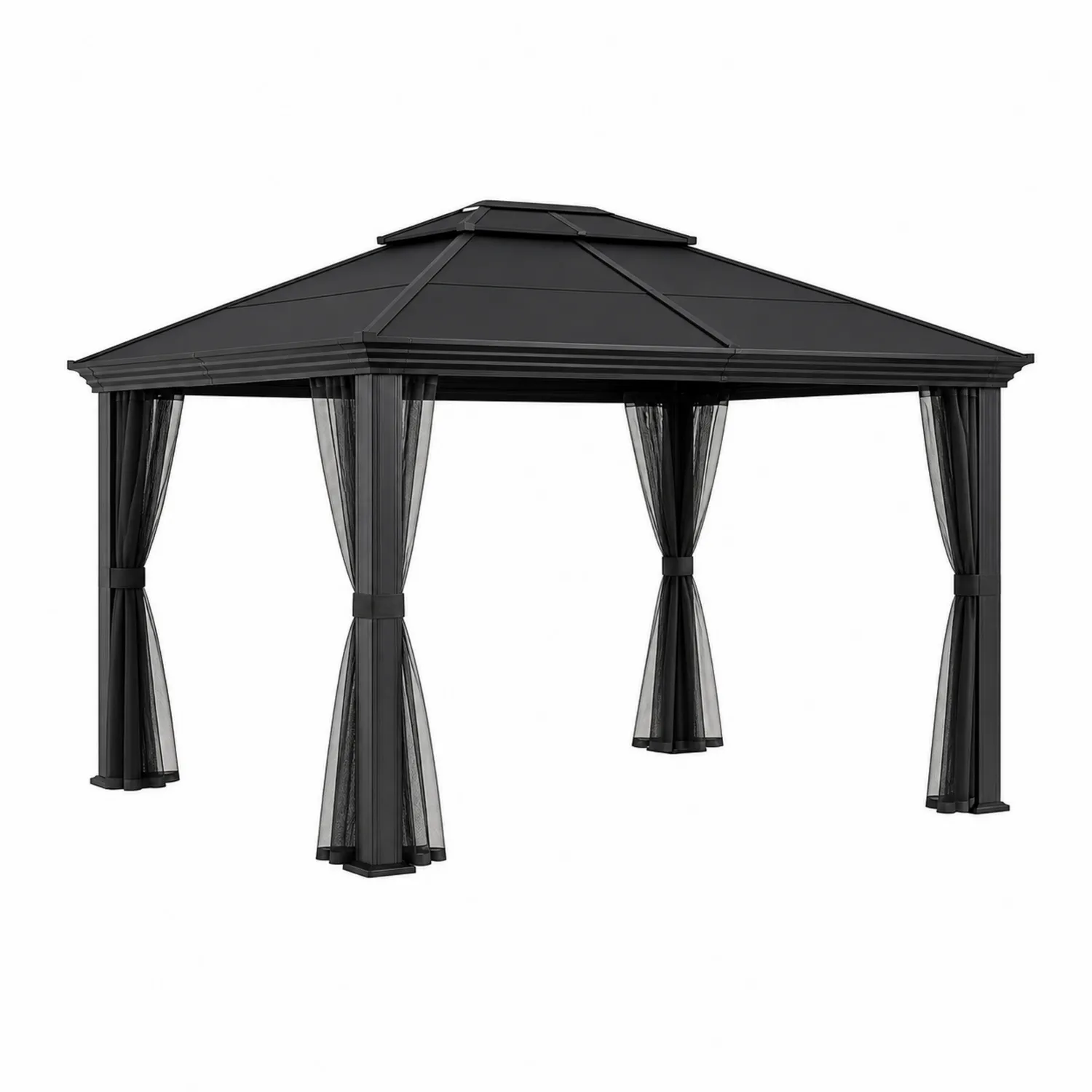 Tonnelle en aluminium et acier avec rideaux noirs