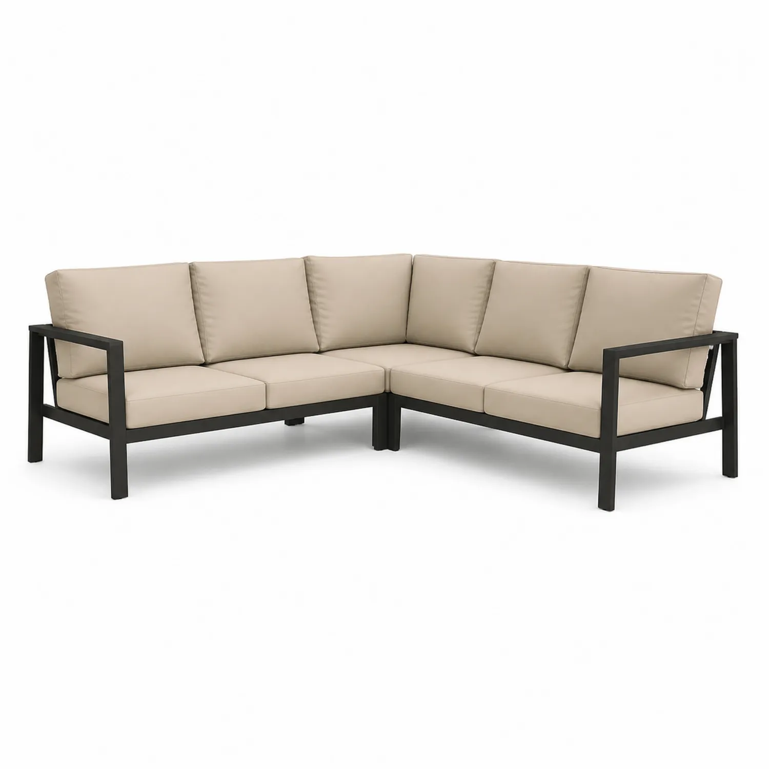 Canapé d'angle en métal avec coussins en tissu beige