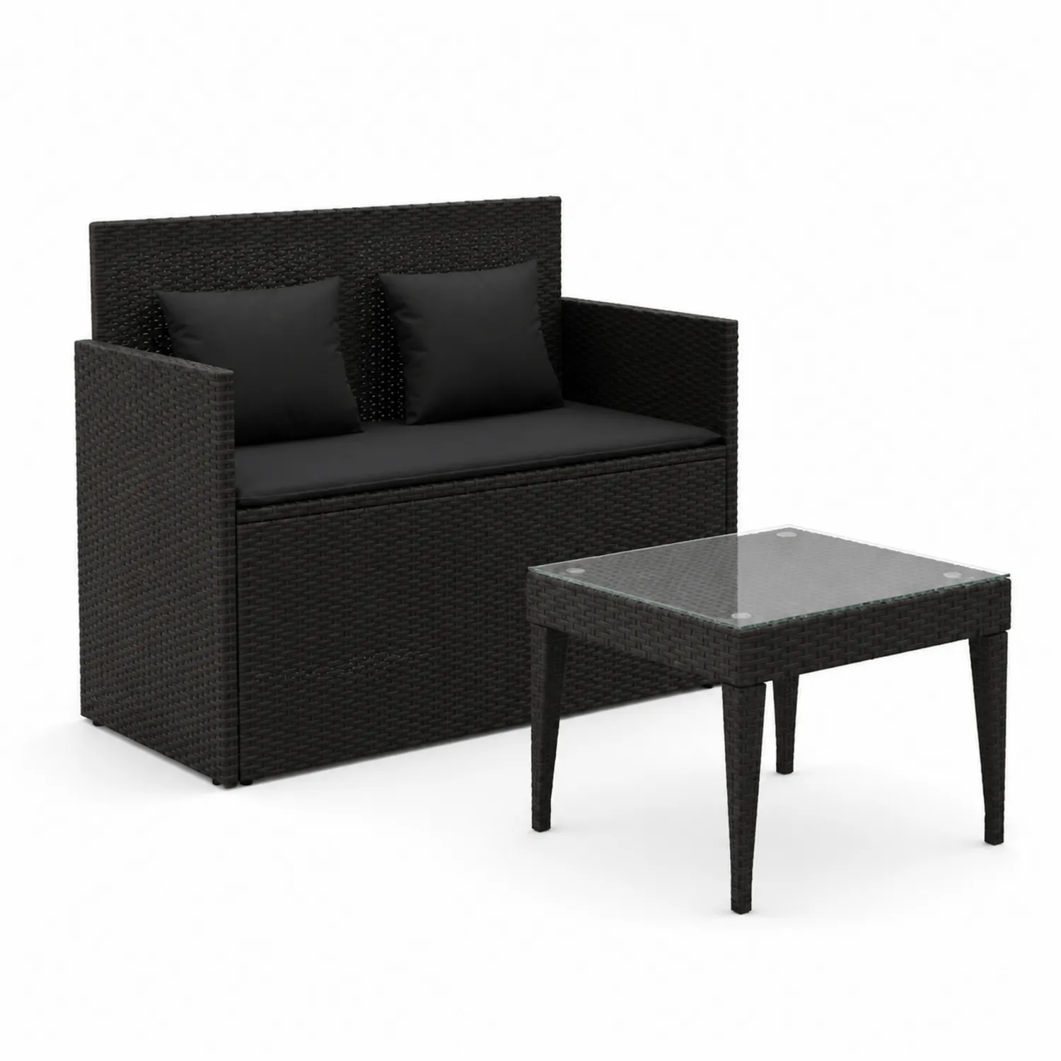 Banc en résine tressée avec table en verre trempé noir