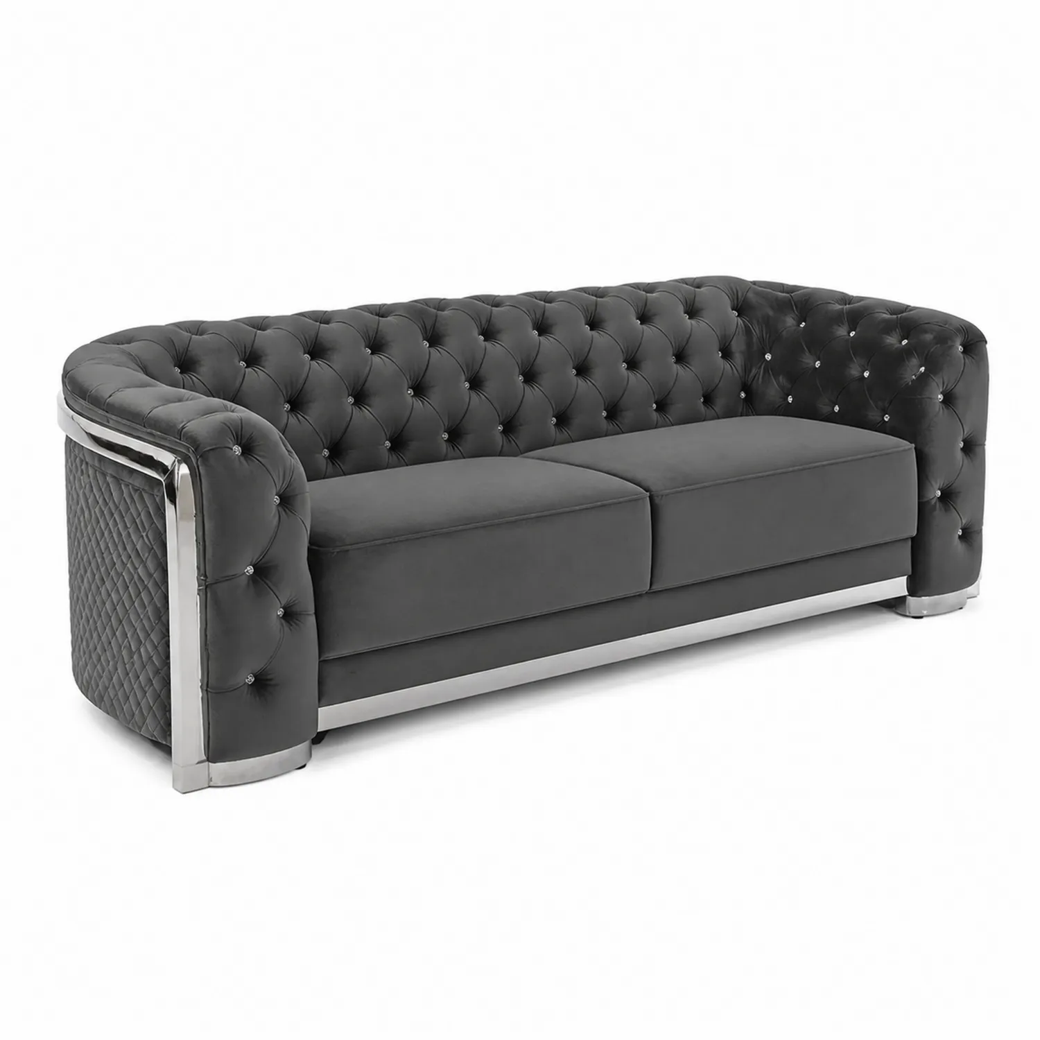Canapé en velours gris avec structure en acier inoxydable