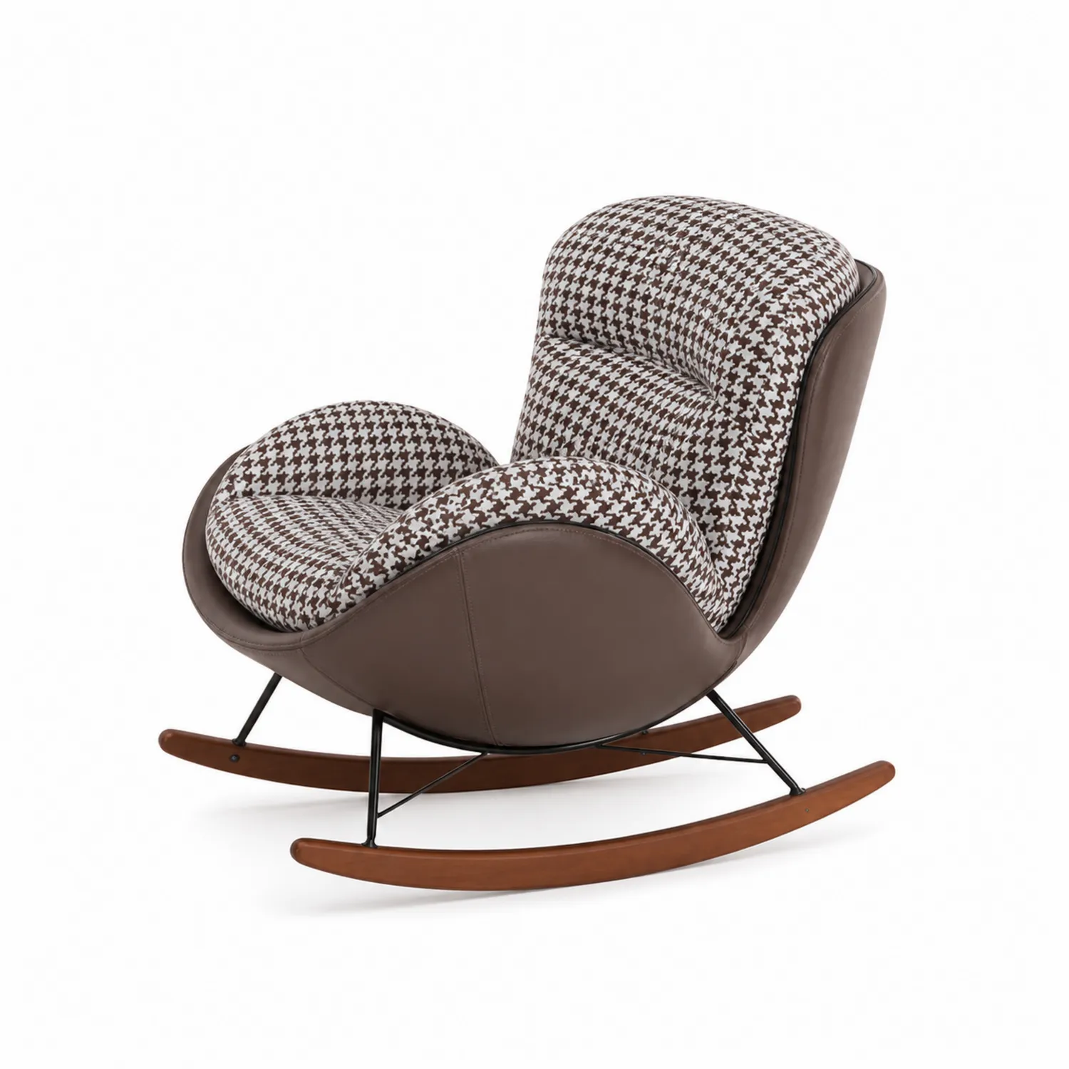 Fauteuil à bascule en cuir et tissu motif pied-de-poule marron