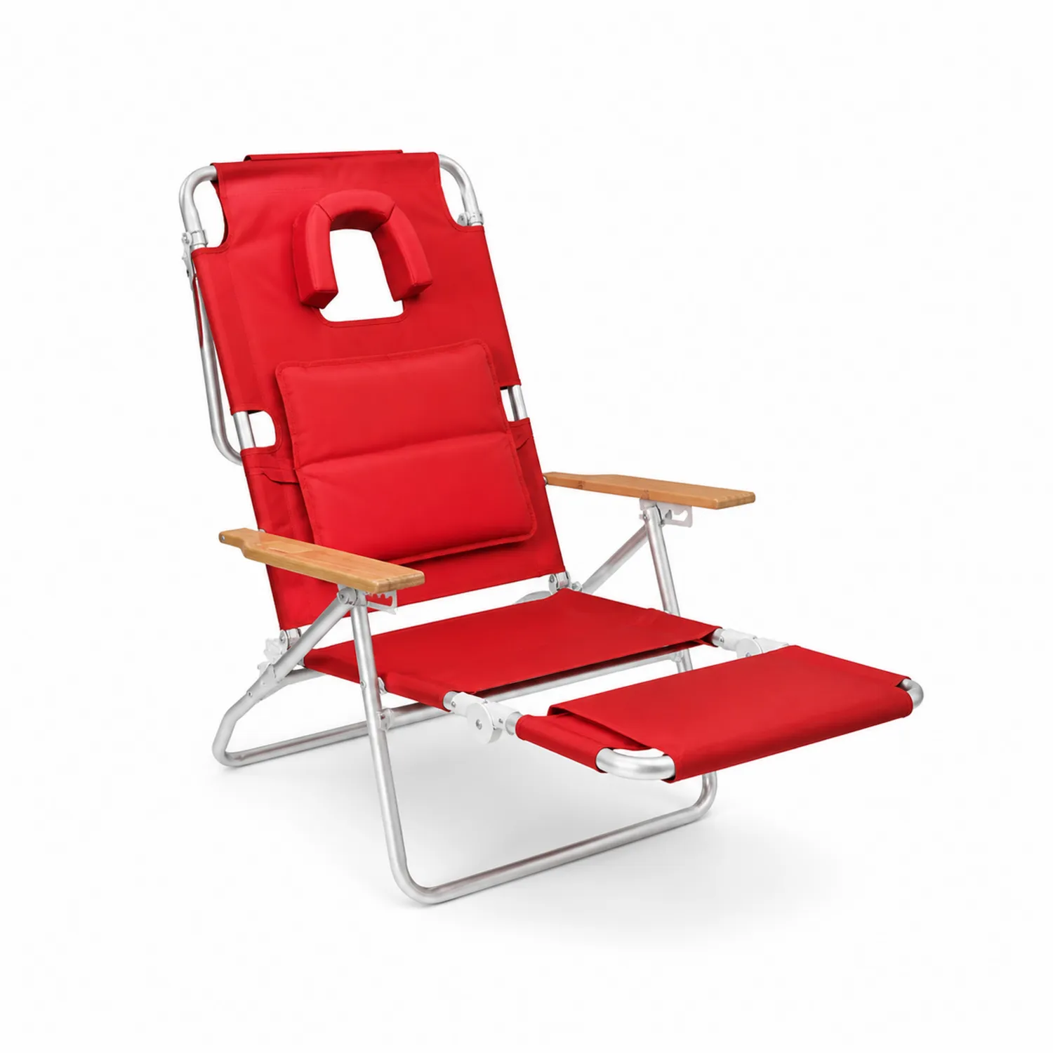 Chaise longue en aluminium avec accoudoirs en bois et tissu rouge