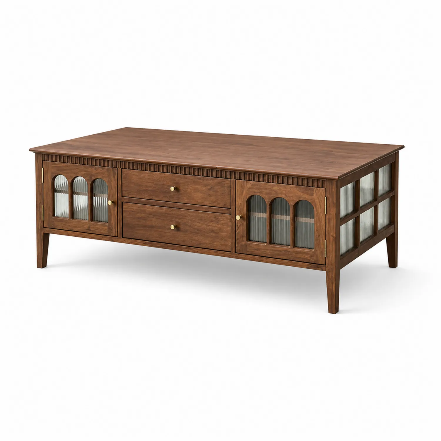 Table basse rectangulaire en bois avec portes en verre trempé cannelé brun