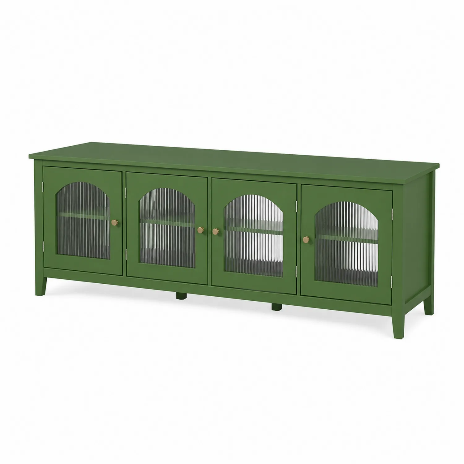 Buffet TV en bois et verre cannelé vert avec poignées métalliques