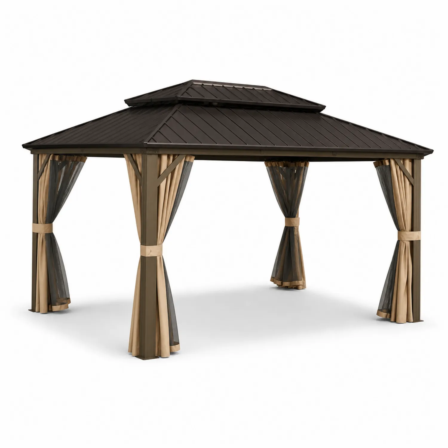 Pavillon de jardin rectangulaire en aluminium avec rideaux en polyester et moustiquaires Brun/Noir