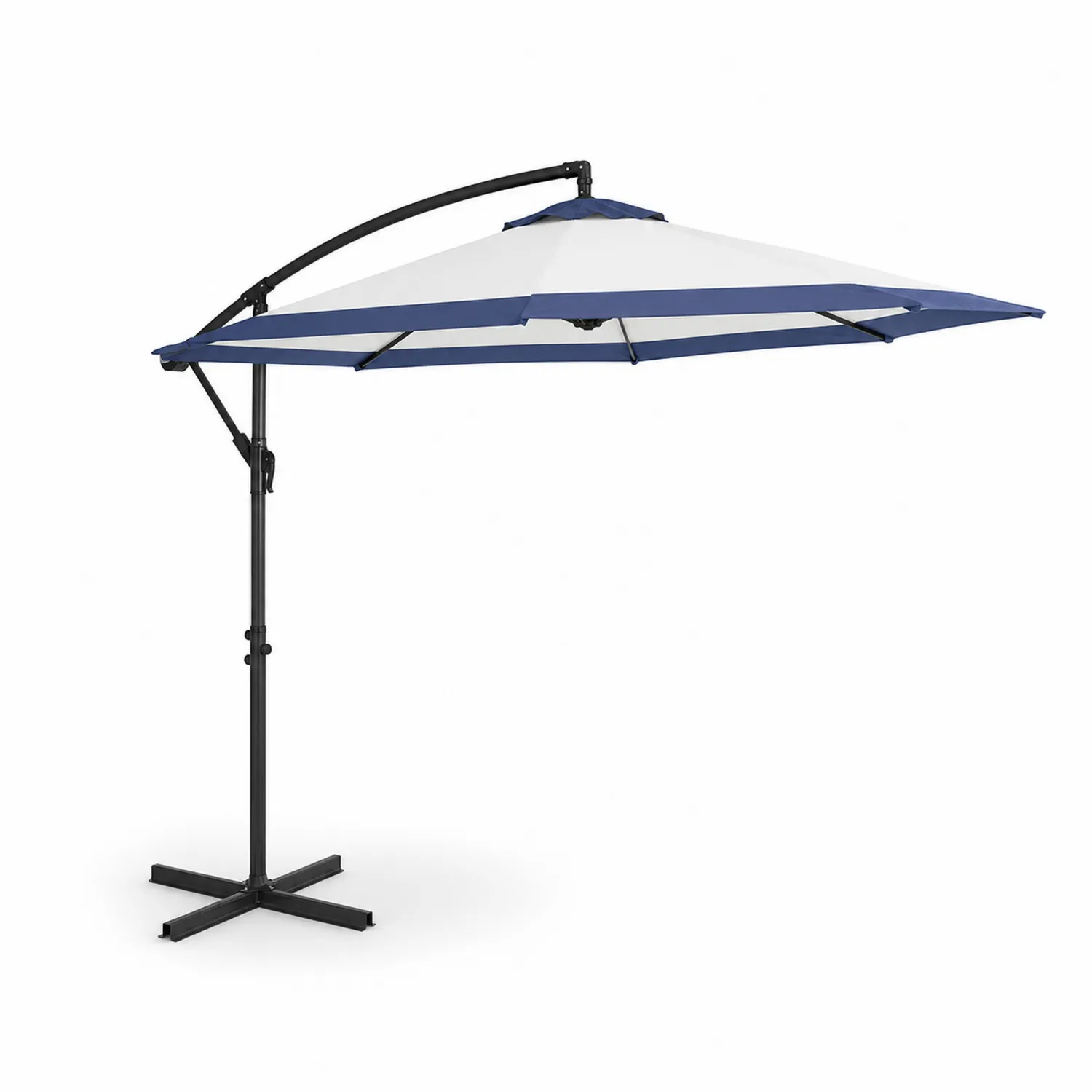 Parasol rond déporté en acier et polyester Bleu/Blanc