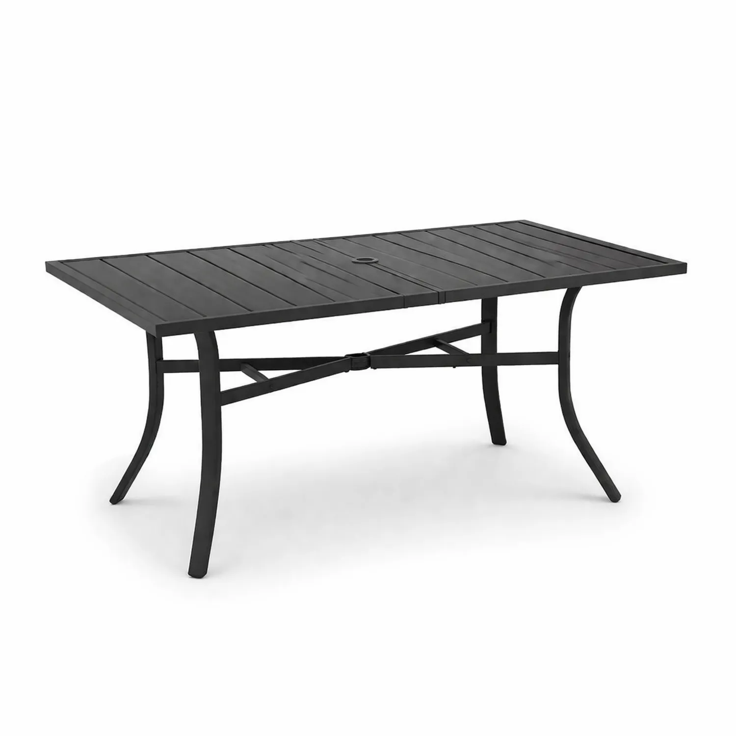 Table de jardin en métal noire avec trou pour parasol 180x90x75 cm