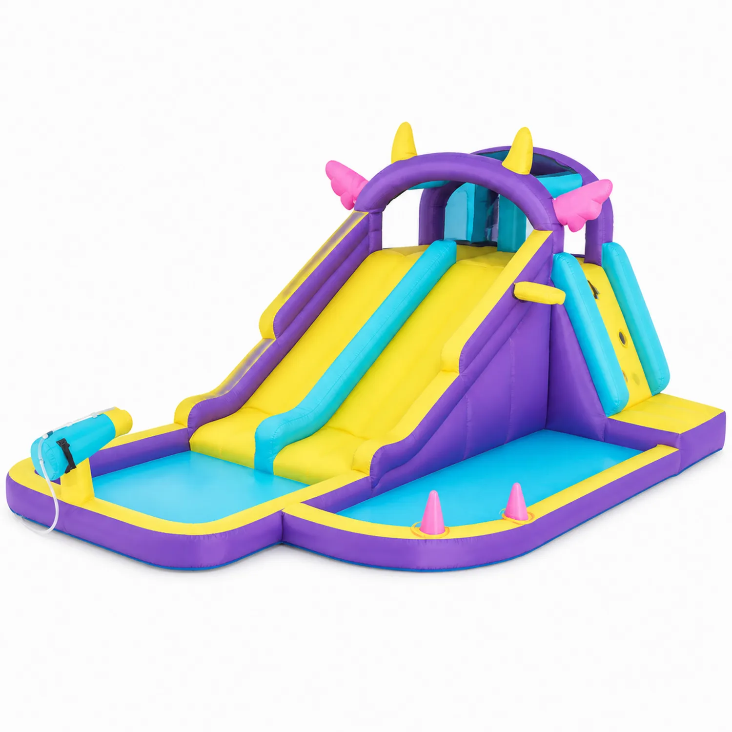 Toboggan Gonflable en PVC Violet/Jaune/Bleu avec Piscine et Mur d'Escalade