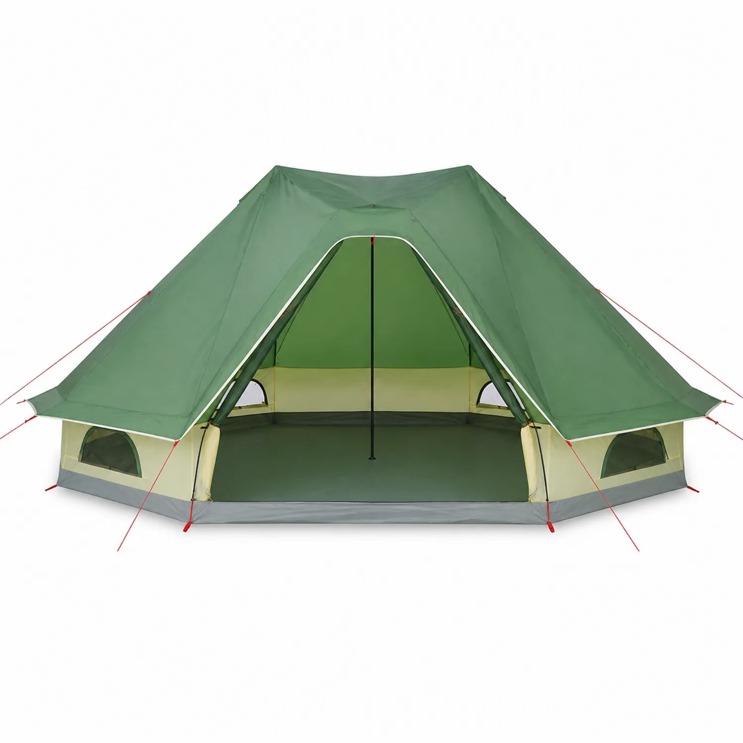 Tente de camping octogonale 6 personnes en polyester imperméable verte et beige