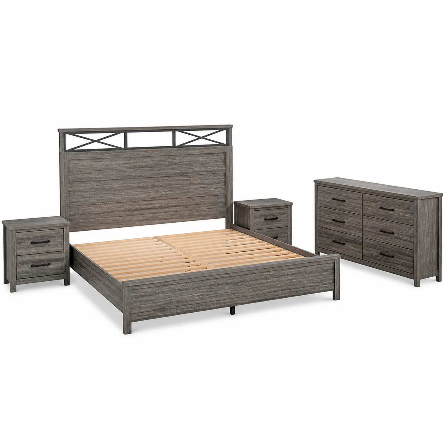 Ensemble de chambre en bois gris avec lit double, tables de chevet et commode