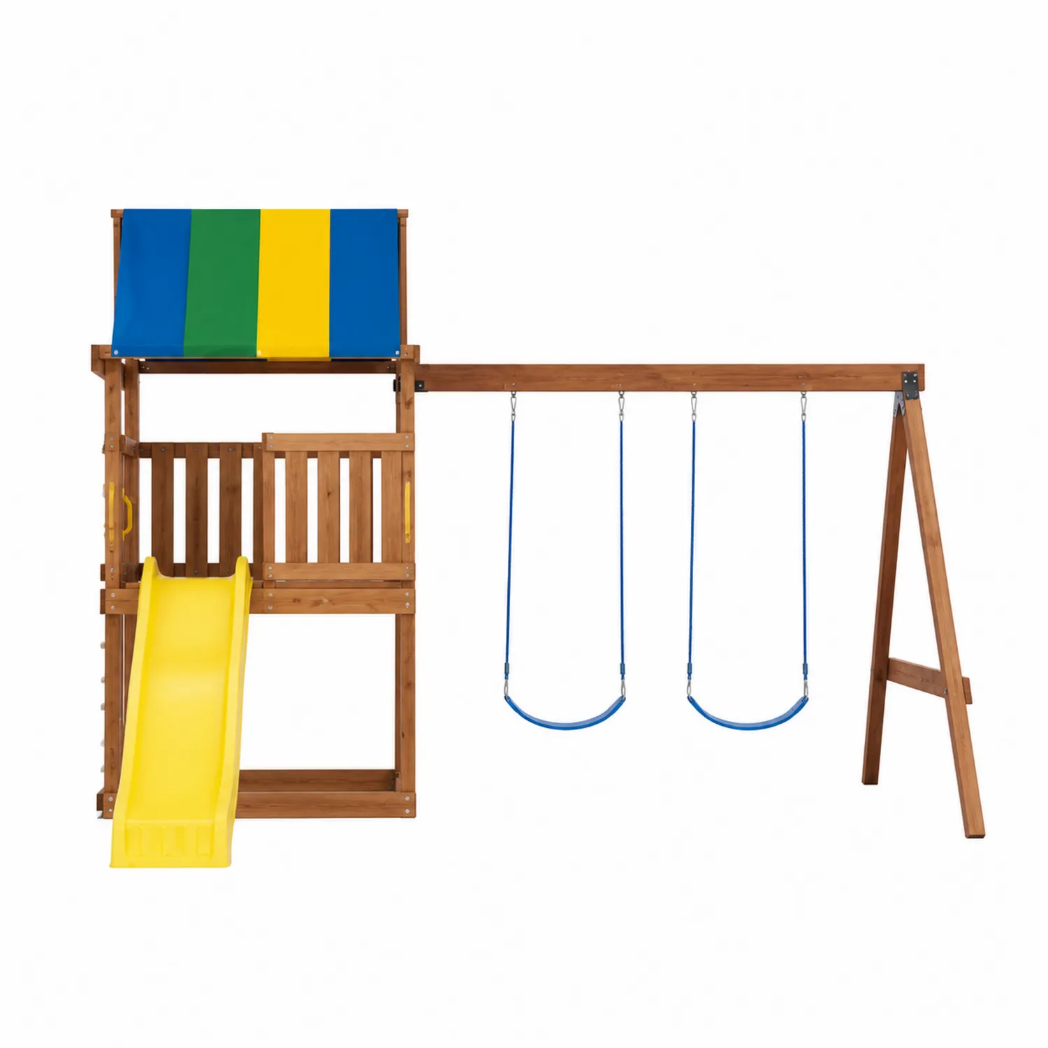 Aire de jeux en bois avec toboggan et double balançoire