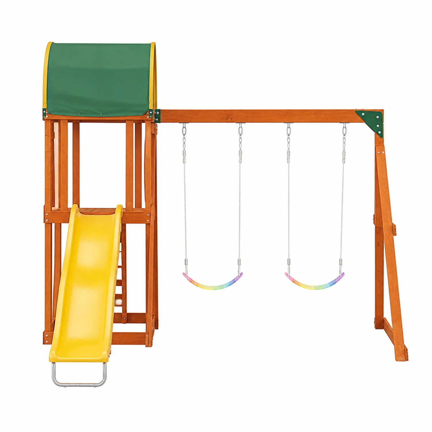 Aire de jeux en bois avec balançoire et toboggan en polyéthylène