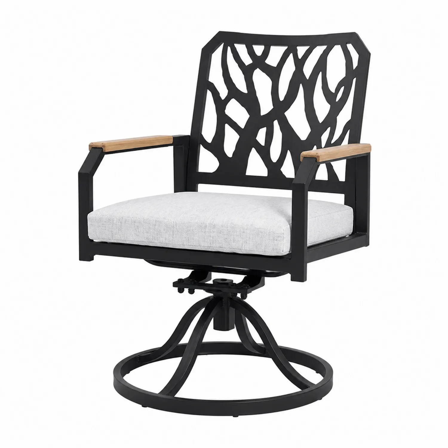 Chaise de jardin pivotante en métal avec accoudoirs en teck et coussin gris