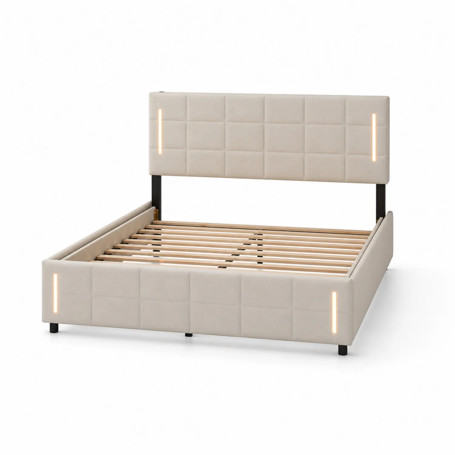 Lit double avec éclairage LED en bois et tissu Beige