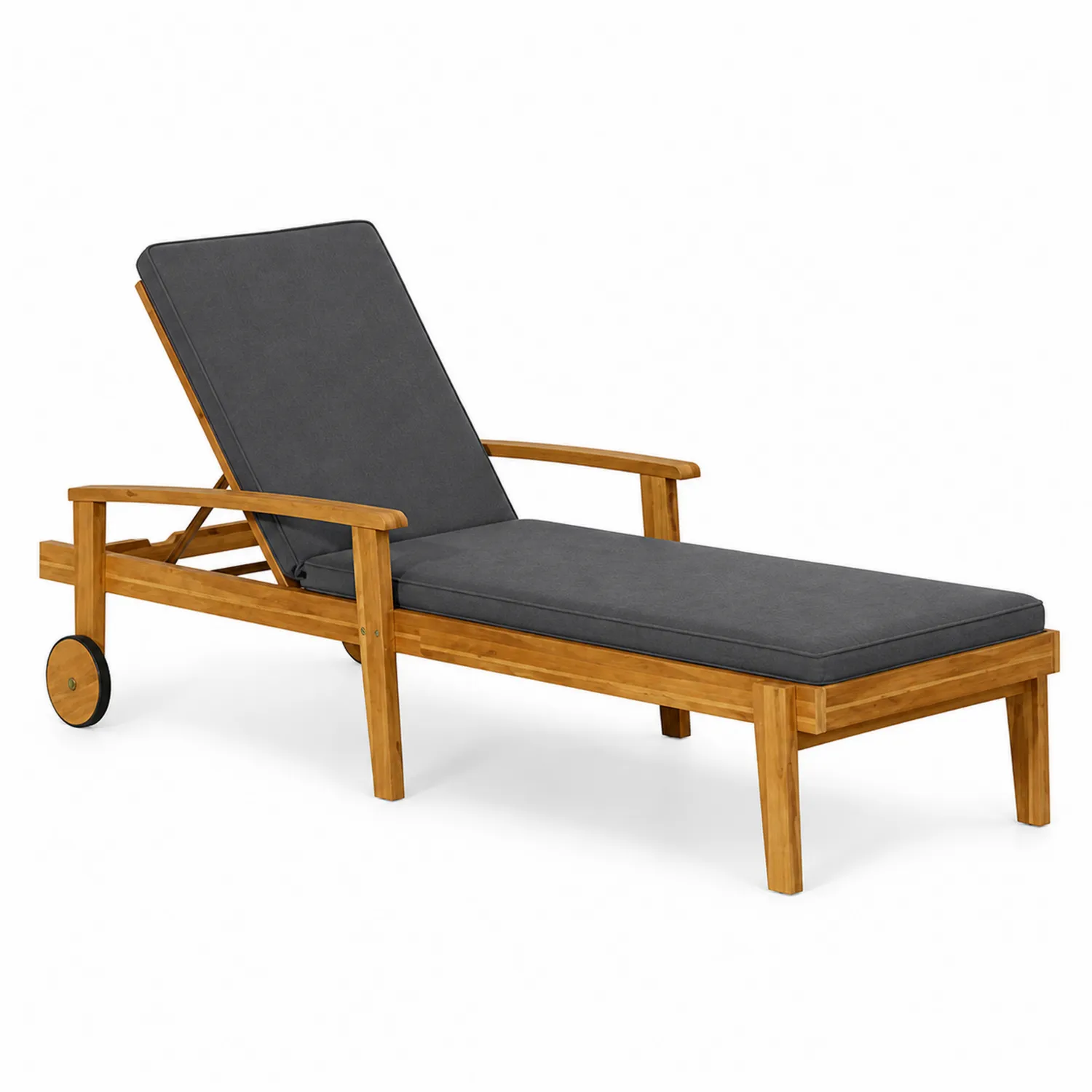 Chaise longue en bois d'acacia avec coussin polyester gris