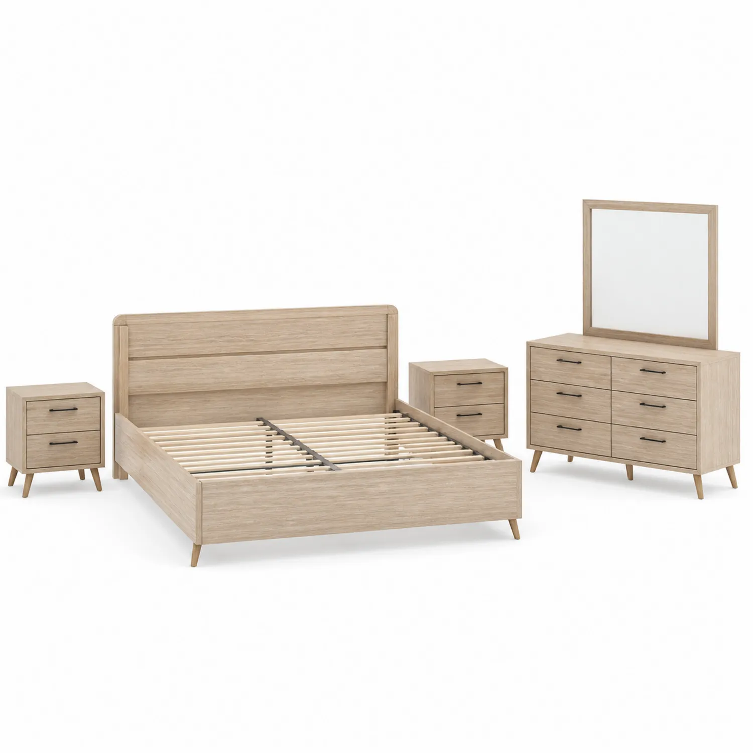 Ensemble de chambre en Chêne avec Lit, Tables de Chevet et Commode 160x200 cm