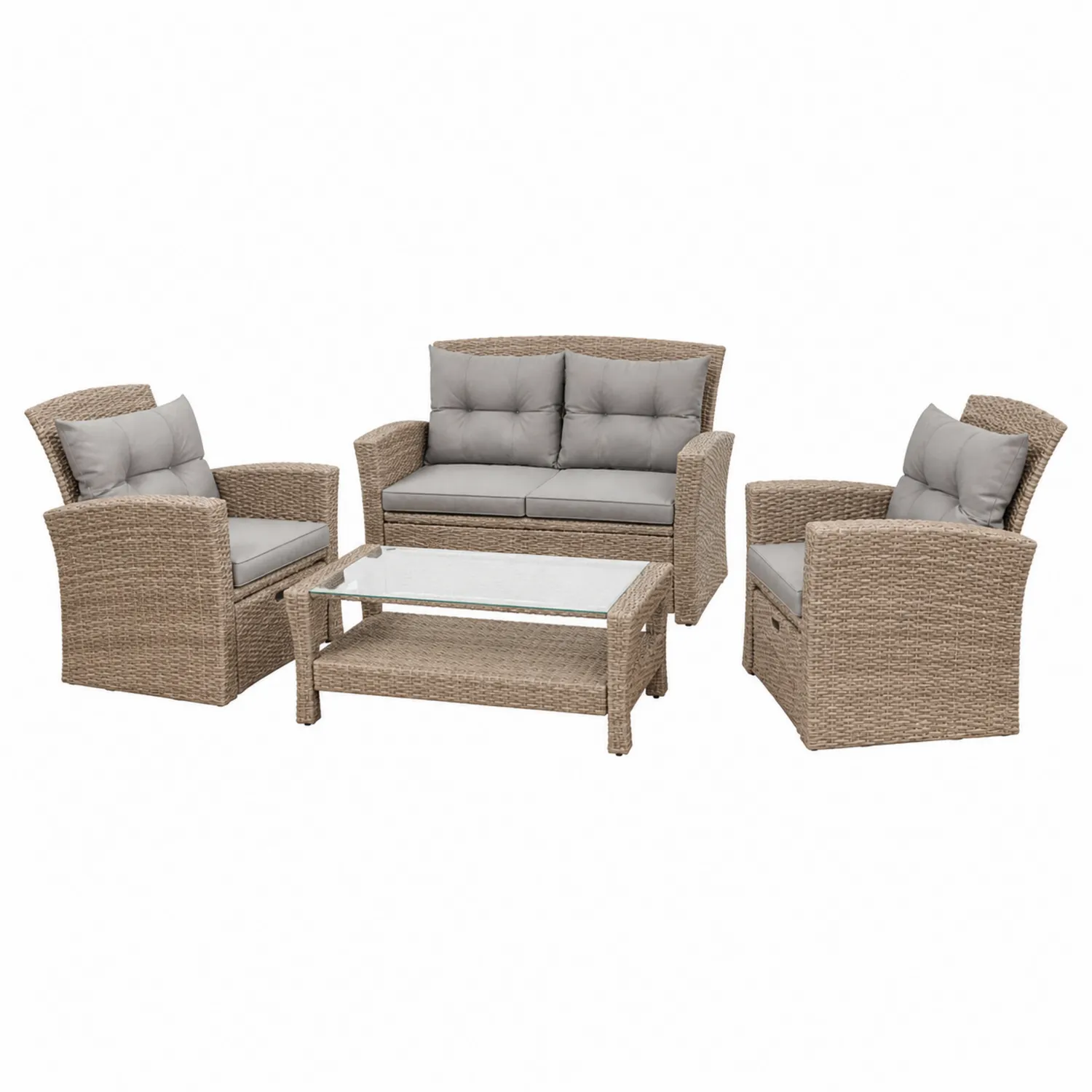 Ensemble salon de jardin en rotin synthétique avec coussins gris et table en verre trempé