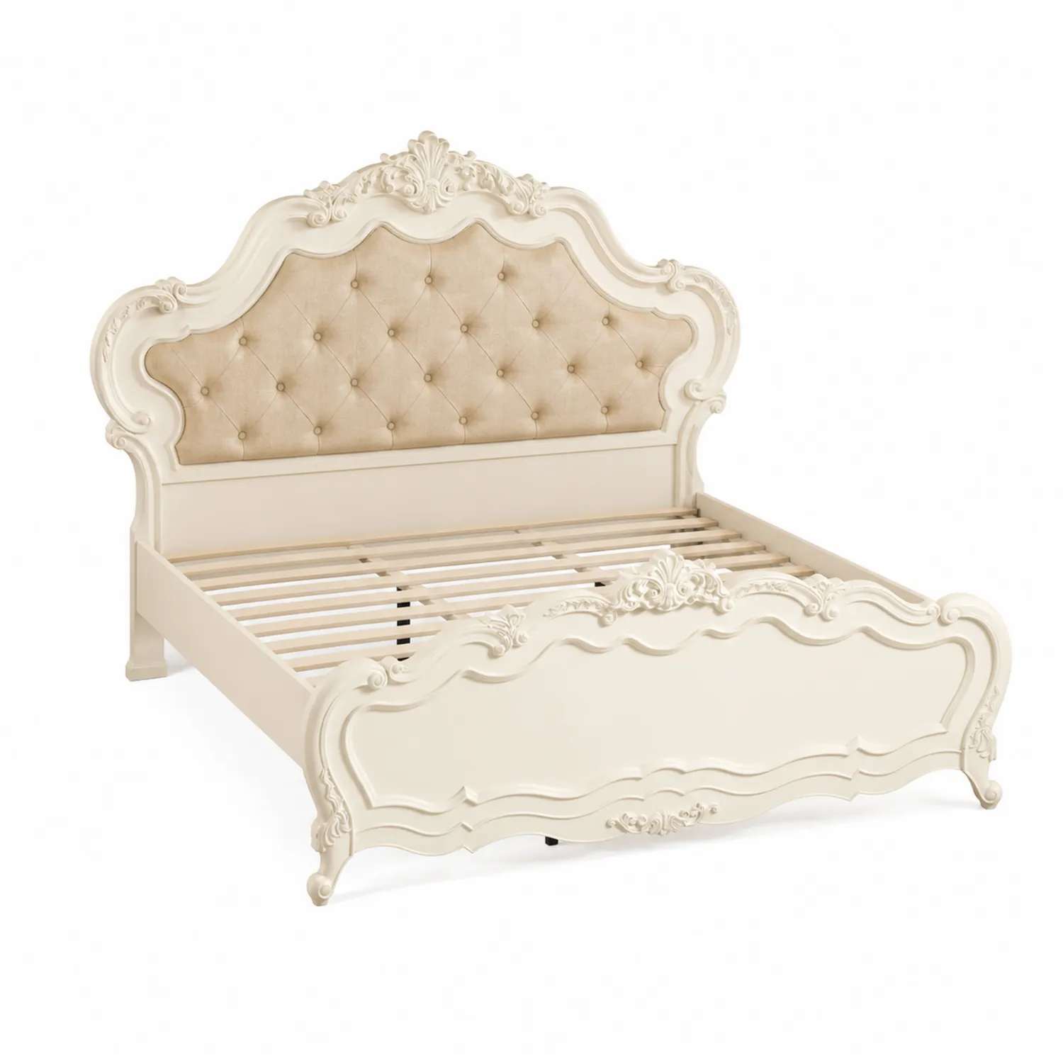 Lit double en bois avec tête de lit en velours beige 200x160 cm