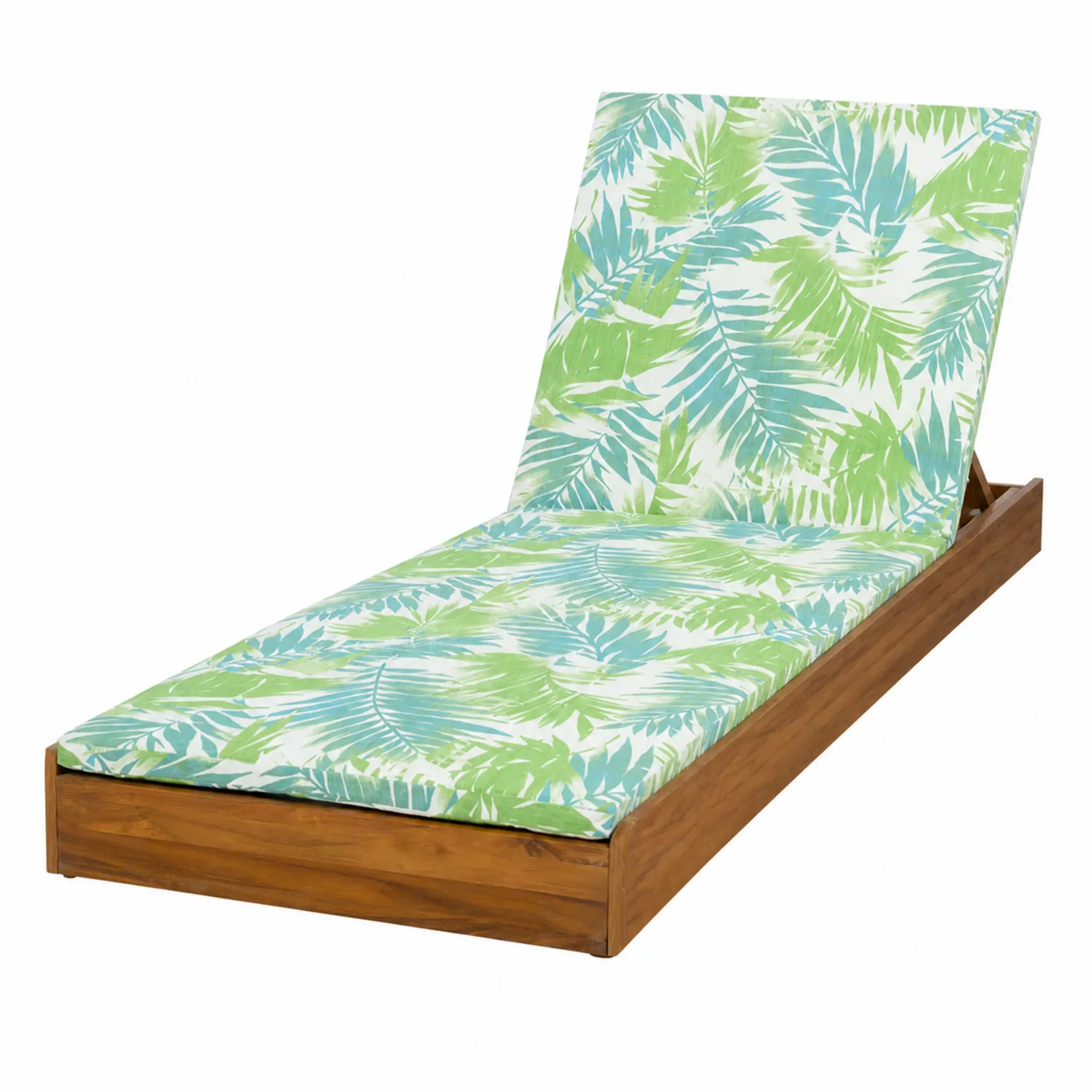Chaise longue en bois d'acacia avec coussin motif feuilles
