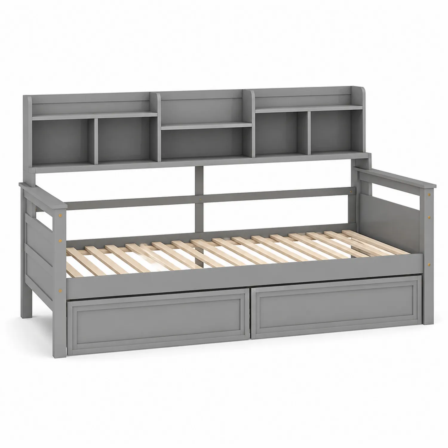 Lit banquette en bois avec étagère et tiroirs Gris