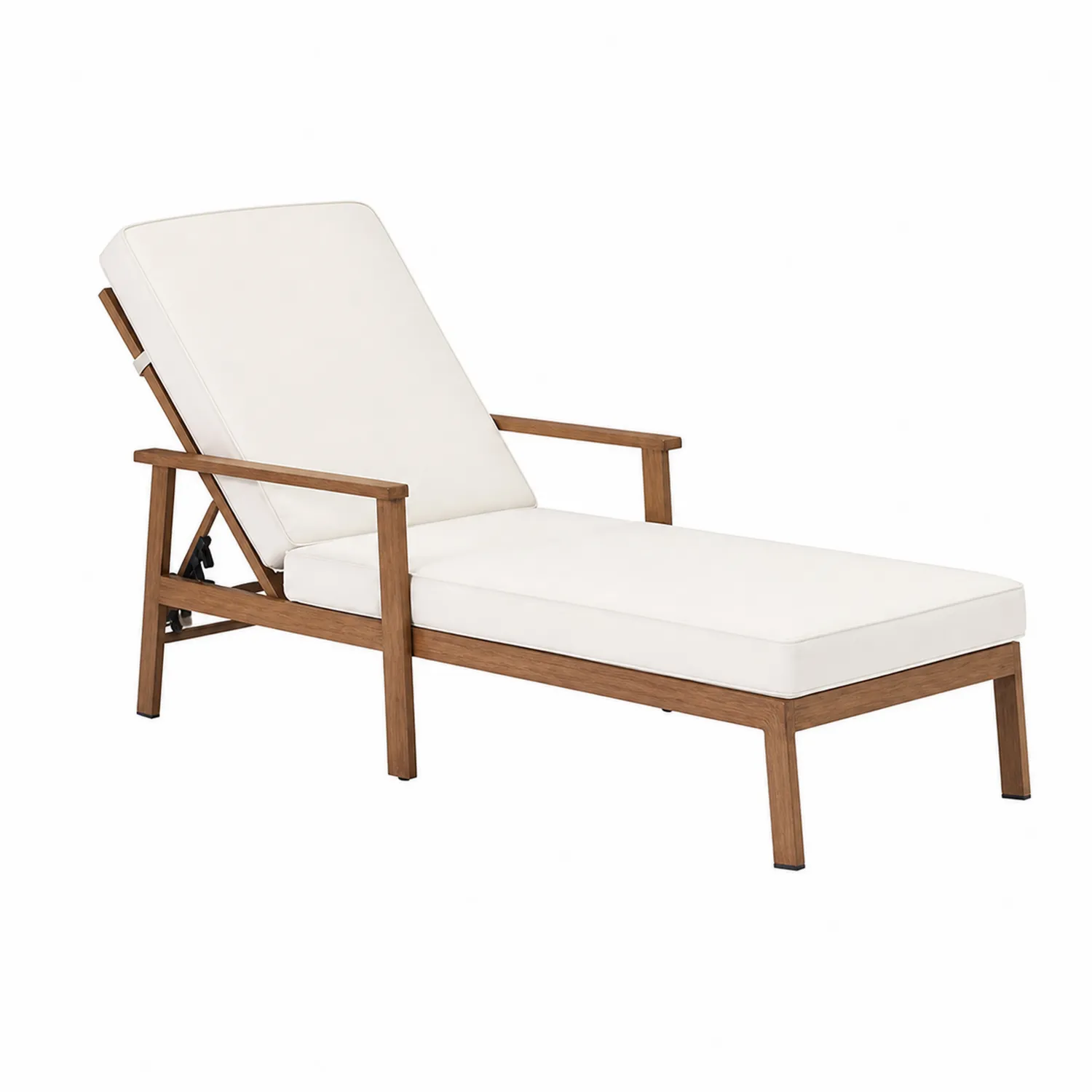 Chaise longue en bois avec coussin blanc réglable