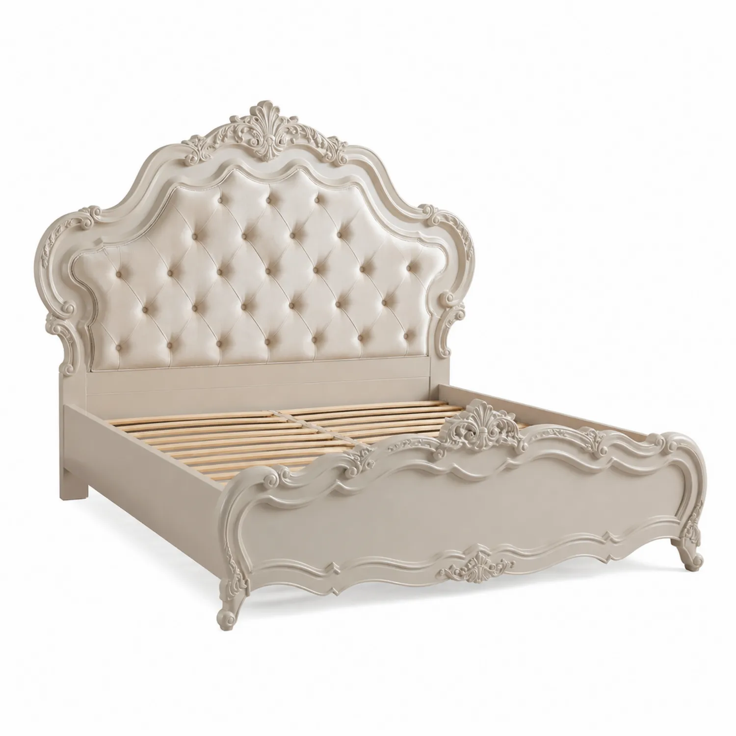 Lit en Bois avec Tête de Lit Capitonnée en Simili Cuir Beige