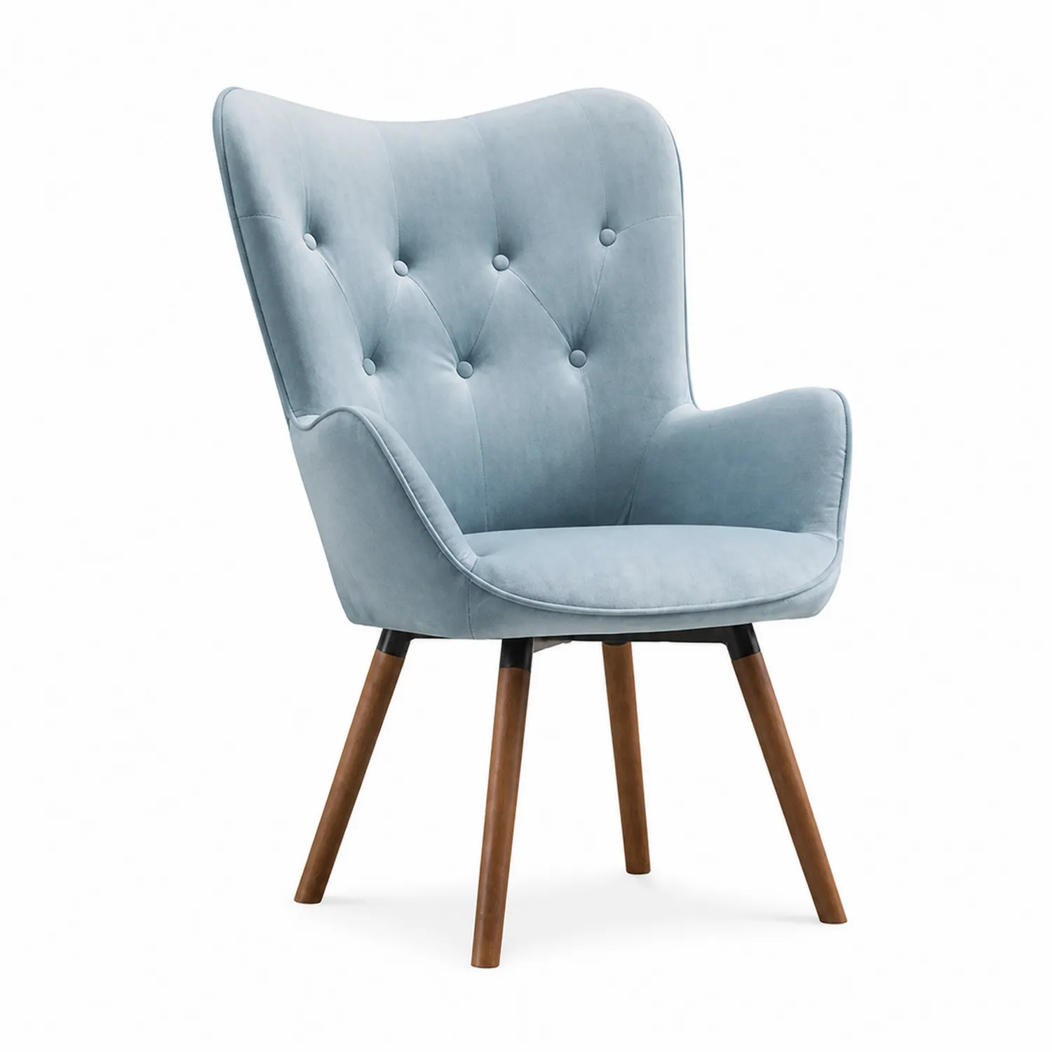 Fauteuil en velours bleu avec pieds en bois massif