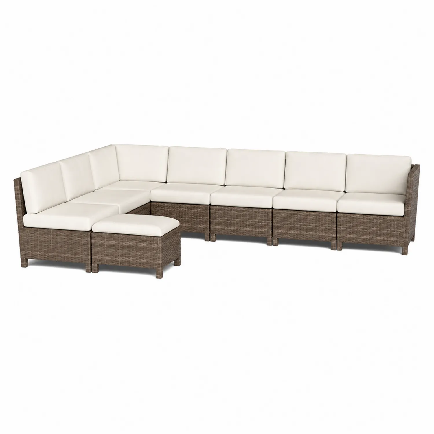 Canapé d'angle modulaire en rotin synthétique avec coussins en polyester blanc