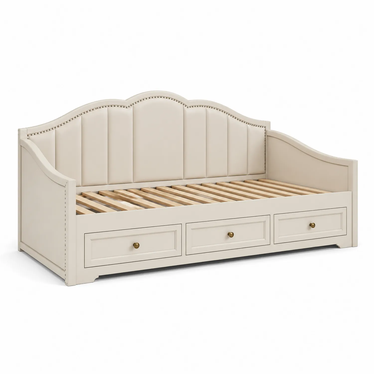Lit gigogne en bois avec tiroirs et tissu Beige