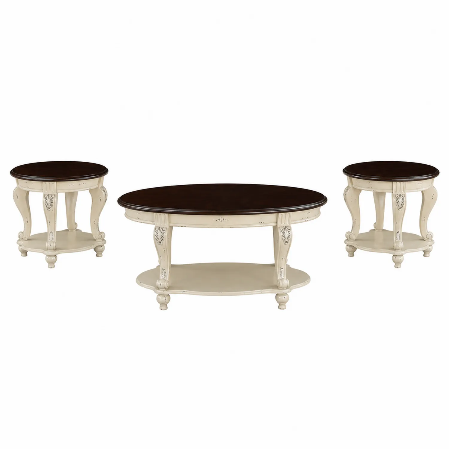 Ensemble de tables basses ovales et rondes en bois MDF Marron et Crème